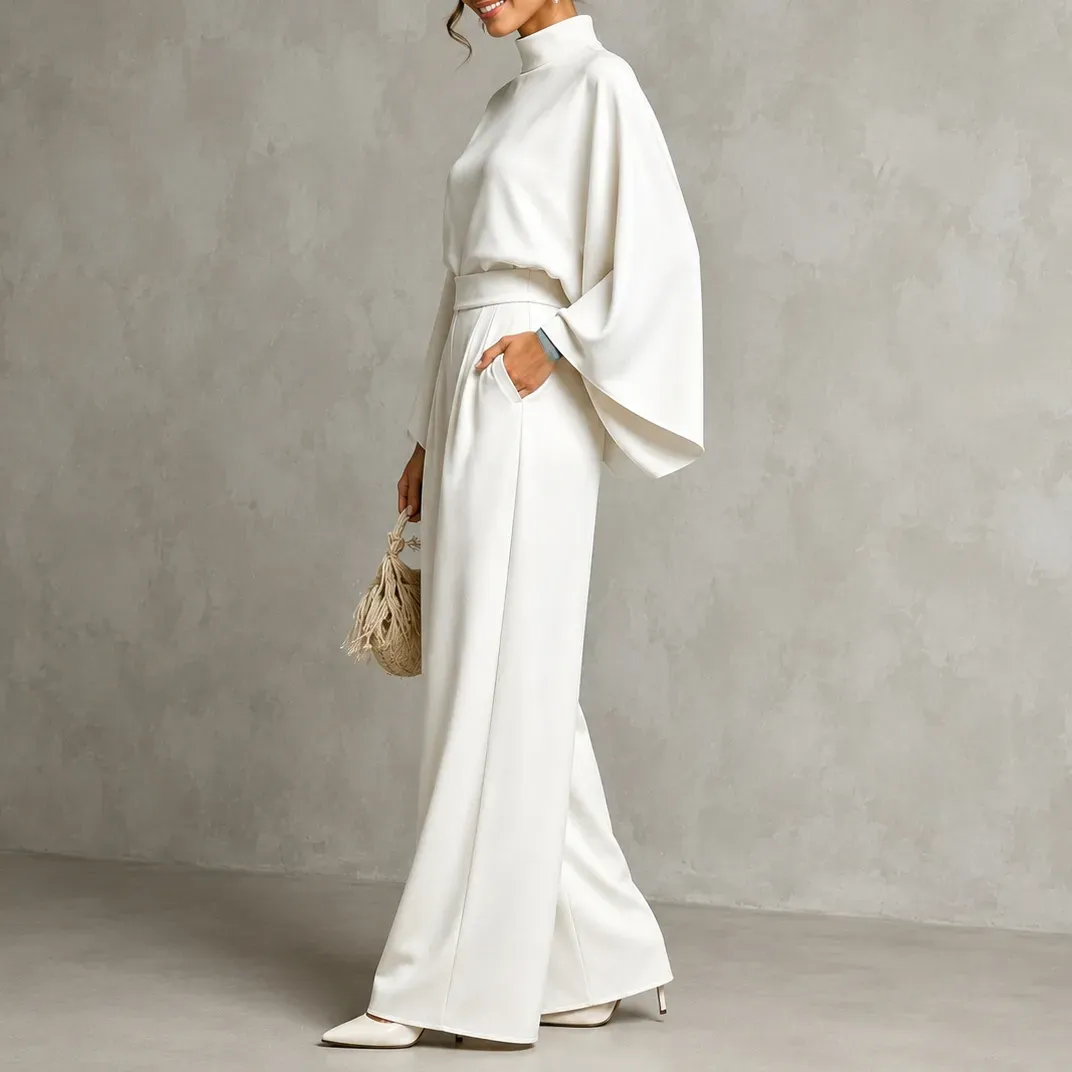 Mererid - Ensemble à Col Montant, Manches Cape & Pantalon Large Taille Haute
