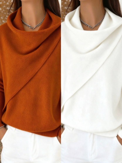 Women Cross Wrap Draped Cowl Neck Knit Pullover, Loose Long Sleeve Sweater