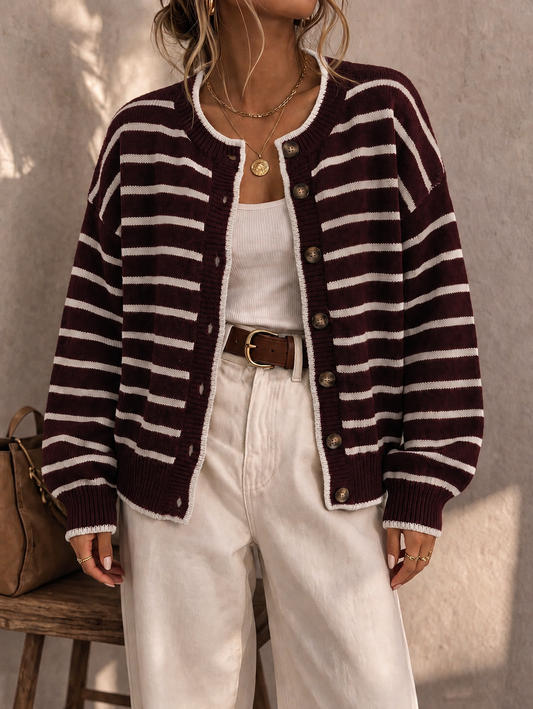 Women’s Striped Knit Cardigan, Versatile Layering Sweater