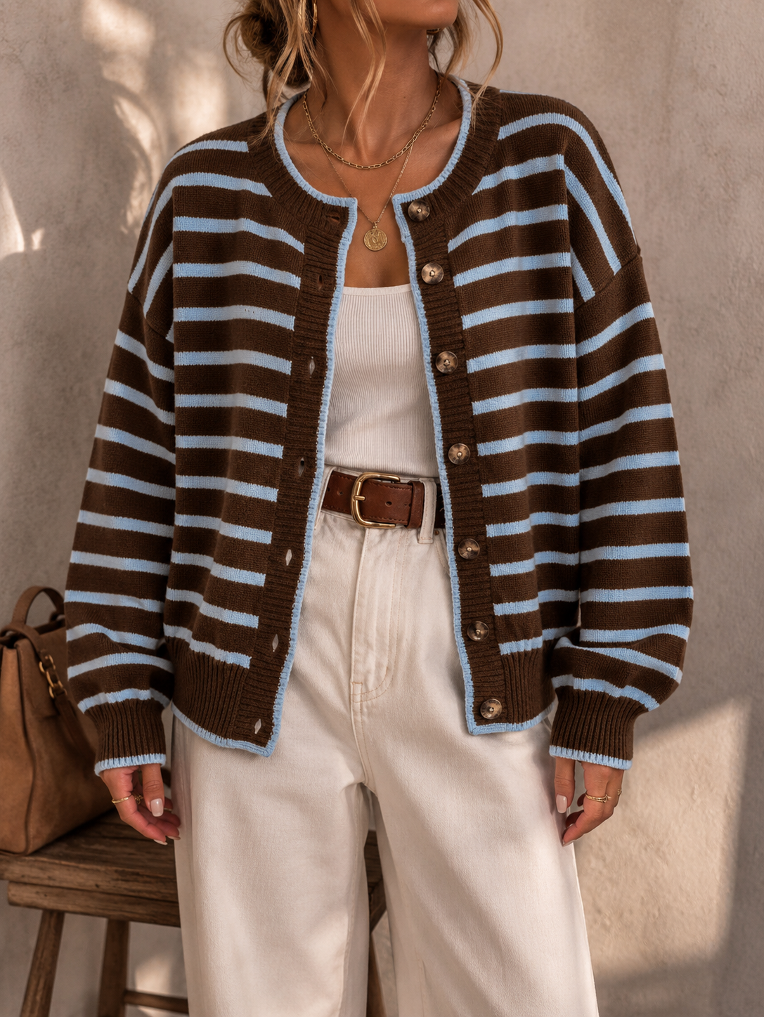 Women’s Striped Knit Cardigan, Versatile Layering Sweater