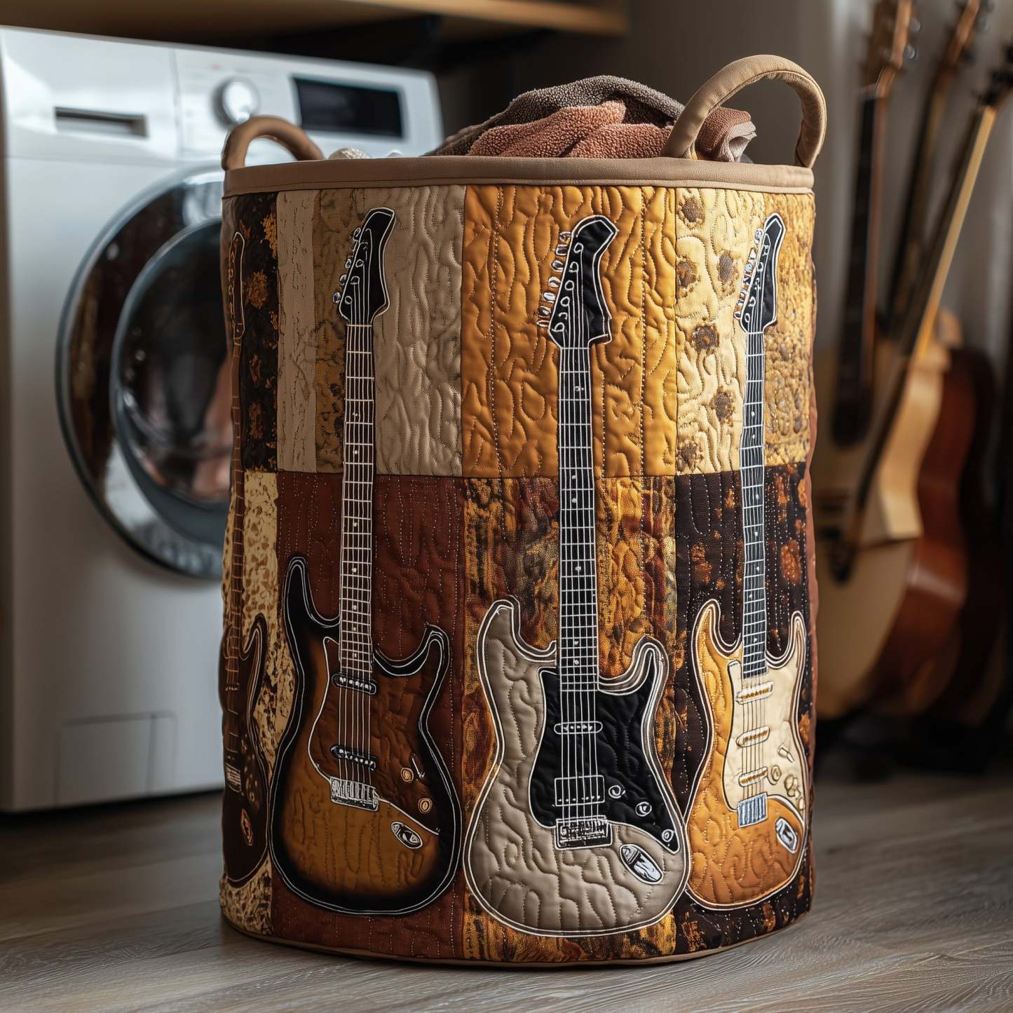 Vintage-Inspired Guitar Quilted Laundry Basket GFTOHD10091