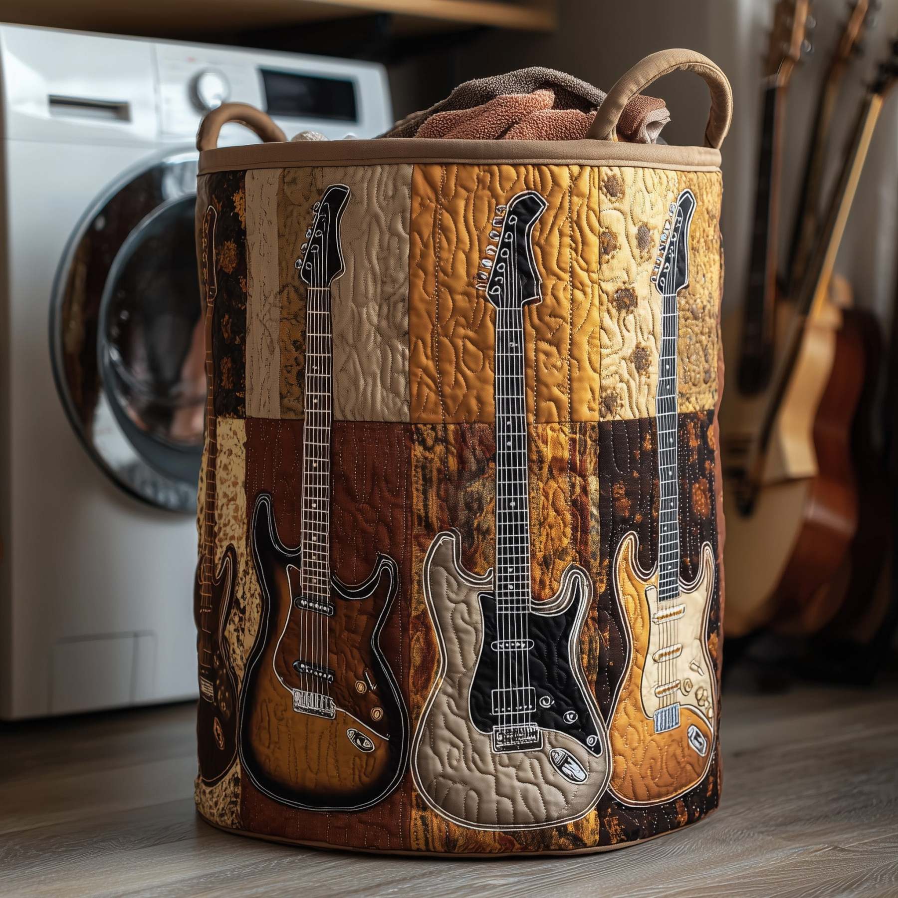 Vintage-Inspired Guitar Quilted Laundry Basket GFTOHD10091