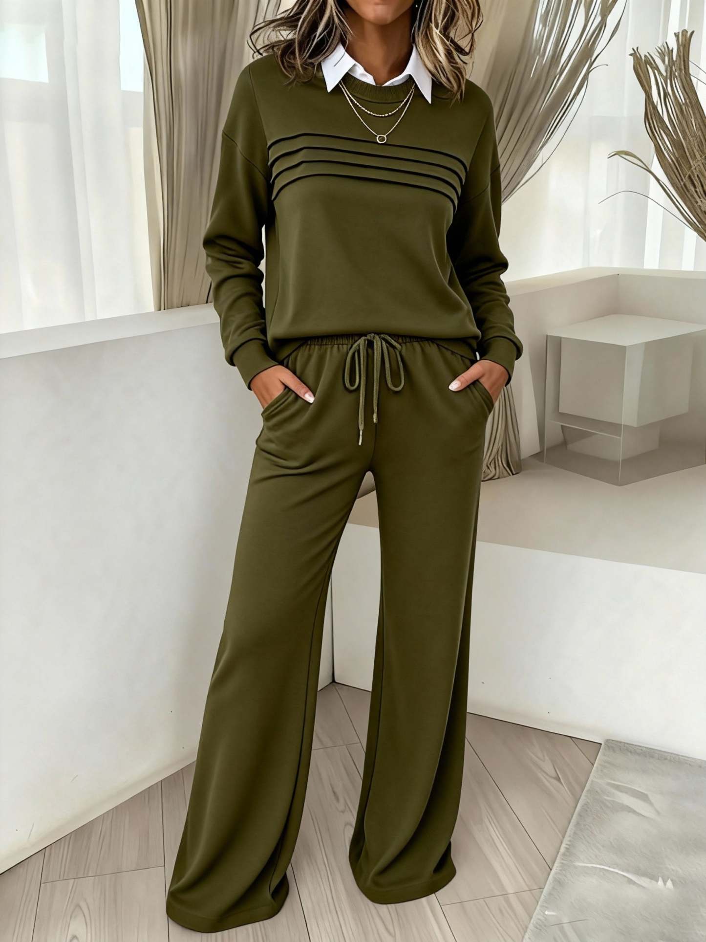 Women's Crew Neck Lounge Set - Soft Cotton Top & Drawstring Pants