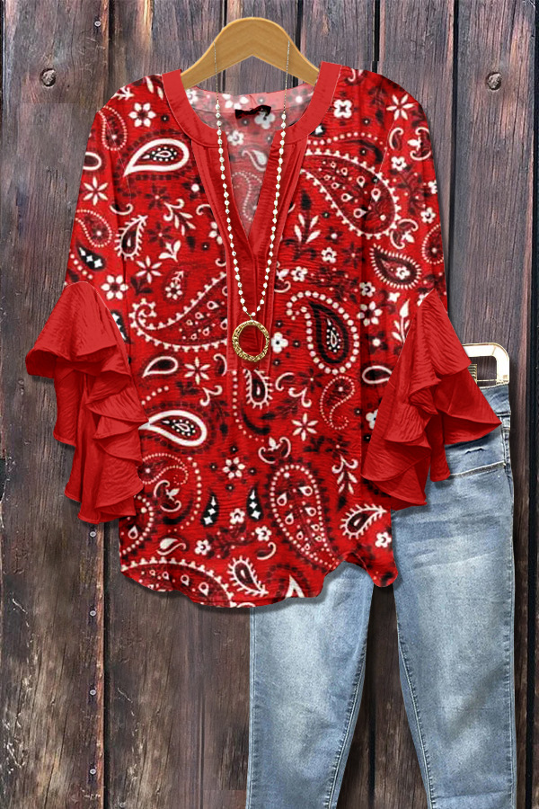 Women Floral Half Sleeve Shirt Summer Printing V Neck Daily Casual Top