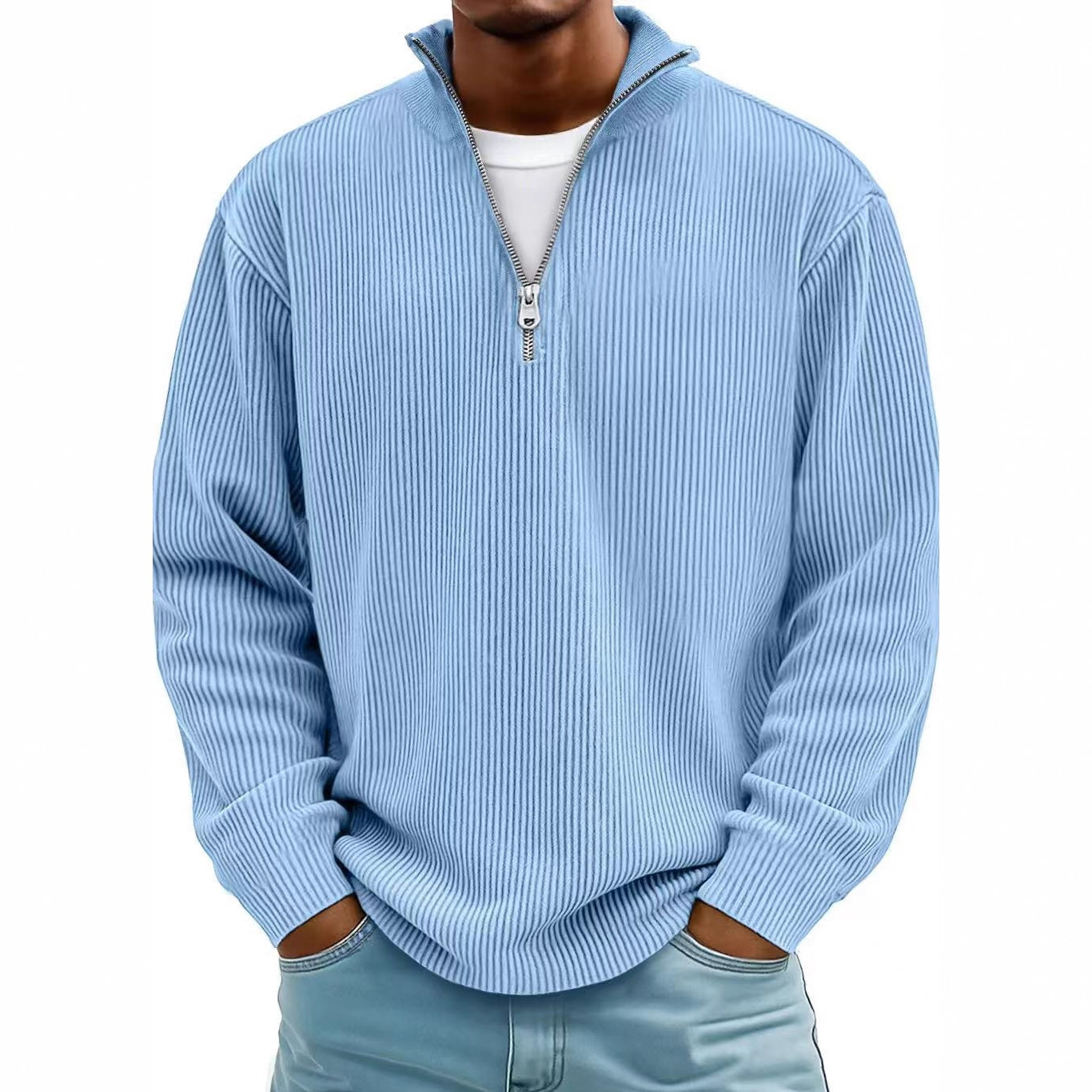 Men's Simple Casual Ribbed Stand-Collar Zip Long-Sleeve Tee