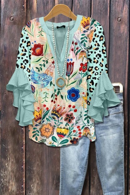 Women Floral Half Sleeve Shirt Summer Printing V Neck Daily Casual Top