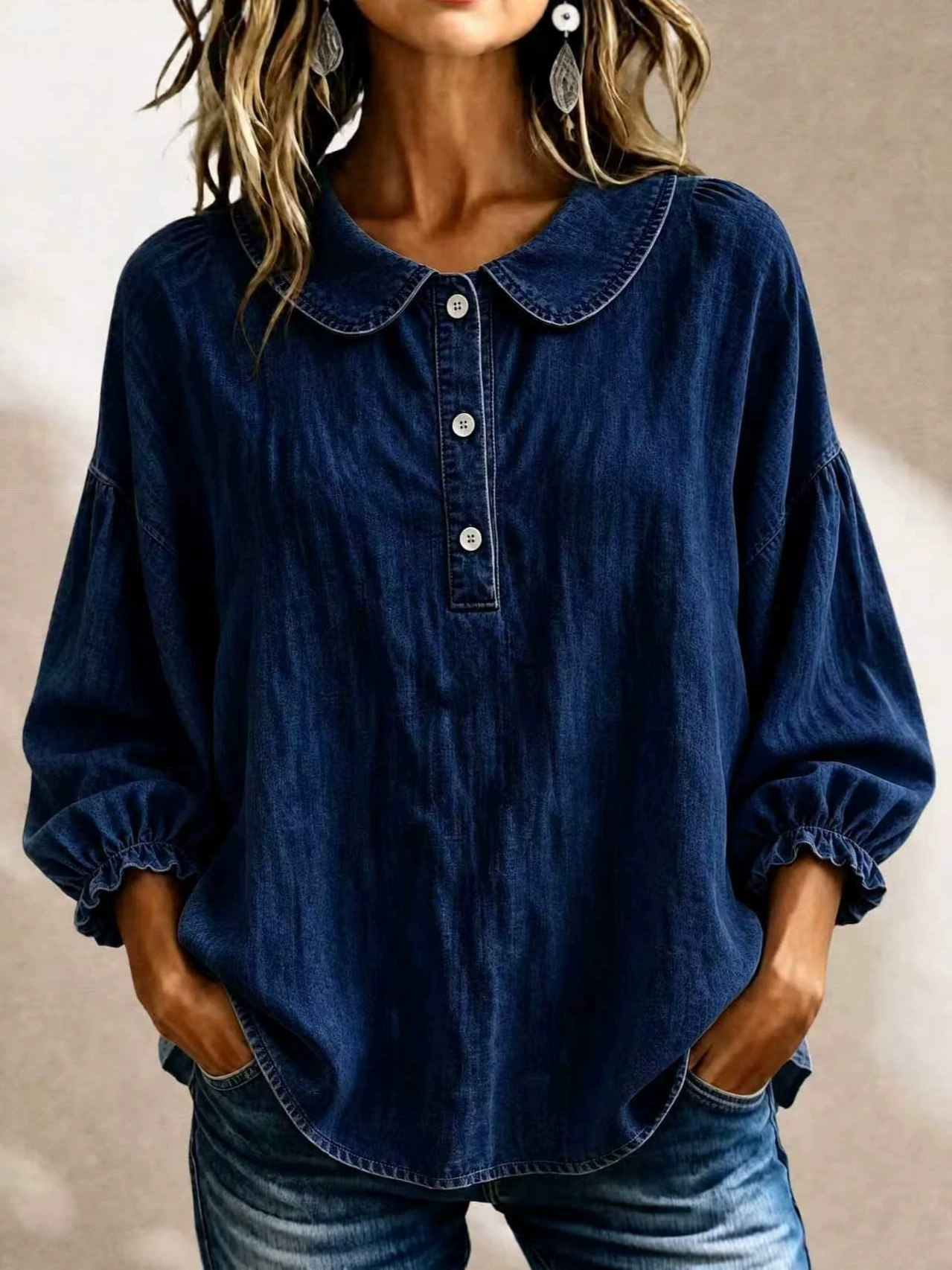 Today 49% off🔥Women’s Denim Square-Neck Three-Quarter Sleeve Top