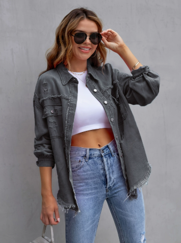 Distressed Drop Shoulder Denim Jacket Women – Oversized Casual Jean Jacket