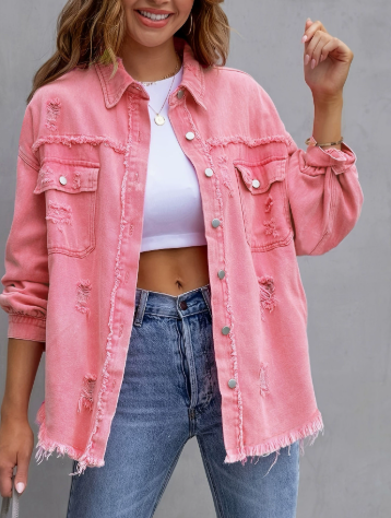 Distressed Drop Shoulder Denim Jacket Women – Oversized Casual Jean Jacket