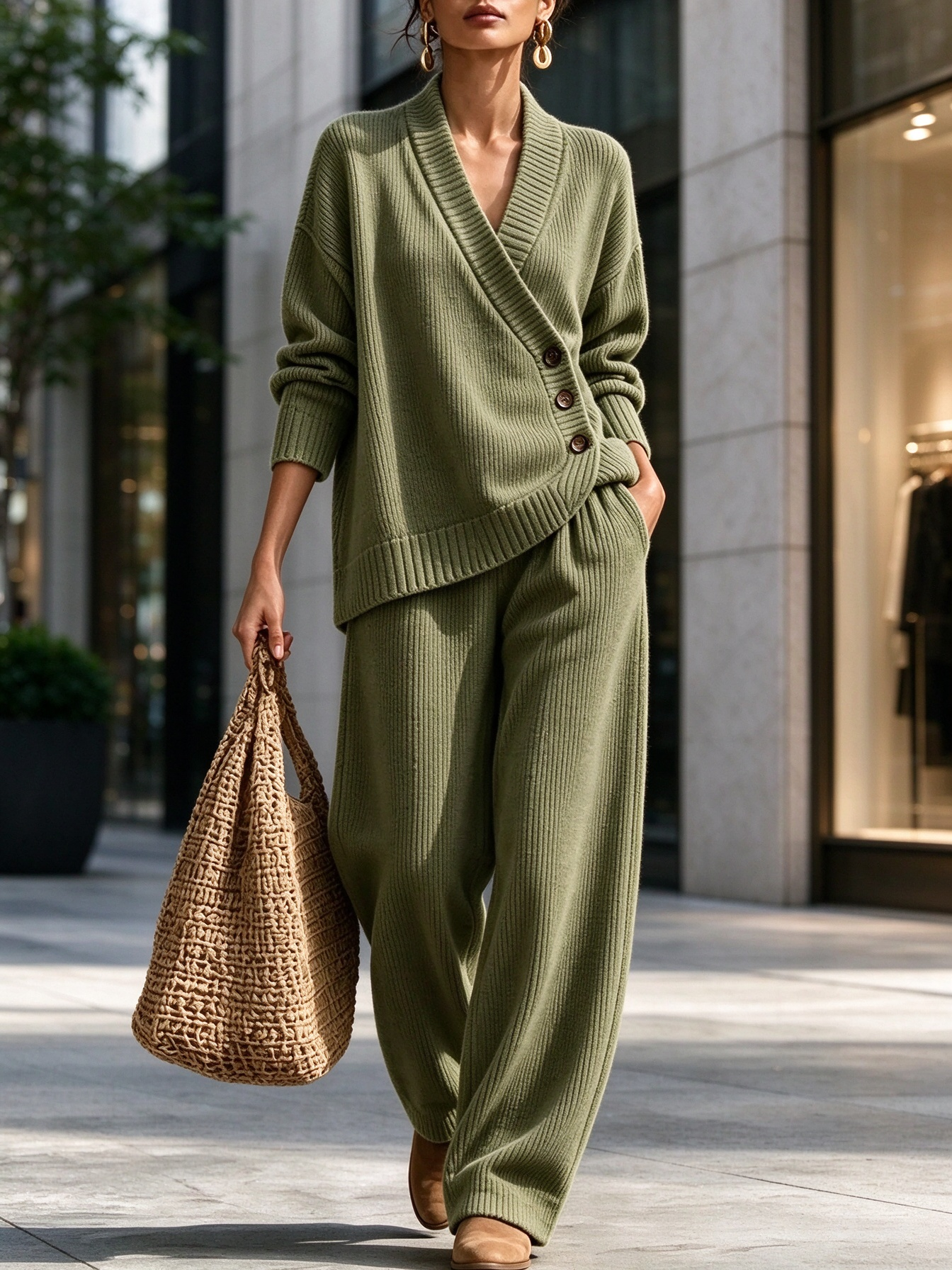 Women's Wrap V-Neck Knit Top & Wide Leg Pants Two Piece Loungewear Set