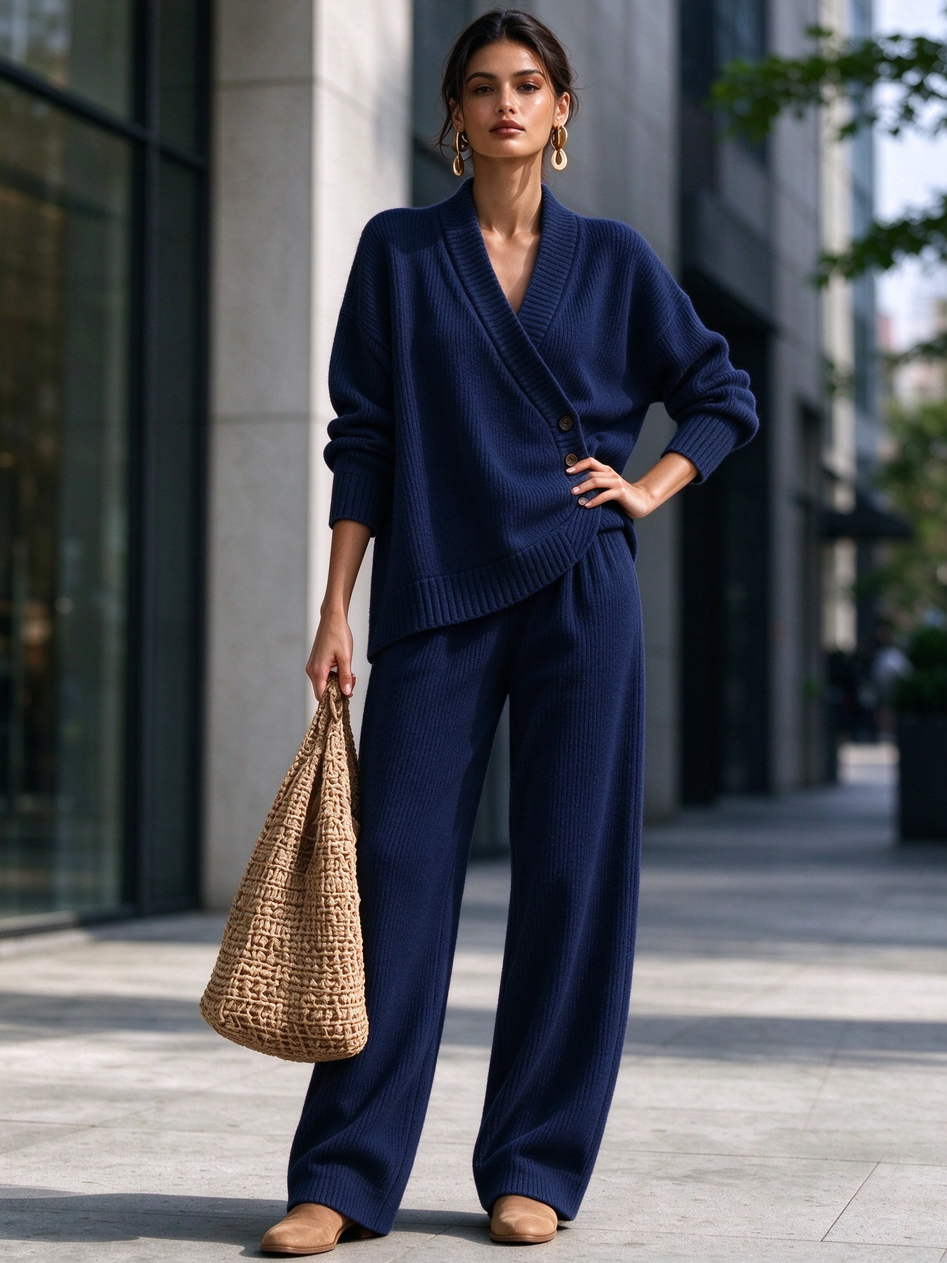 Women's Wrap V-Neck Knit Top & Wide Leg Pants Two Piece Loungewear Set