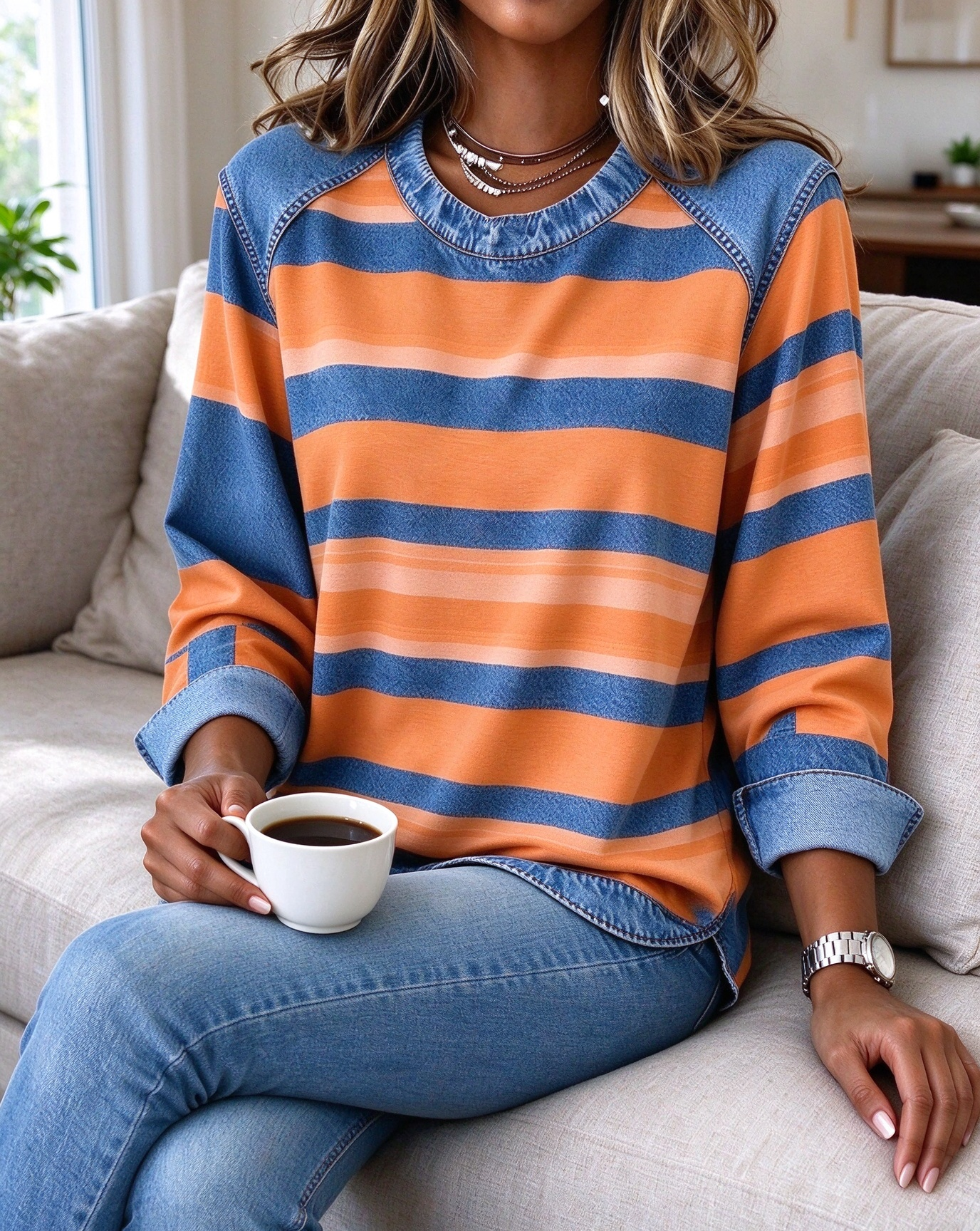 Women's Faux Denim Patchwork Striped Long Sleeve Crew Neck Sweatshirt