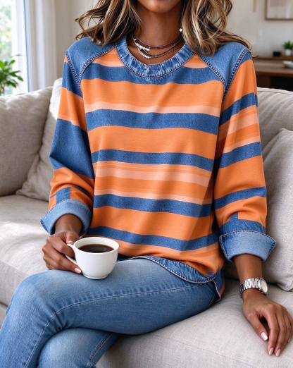 Women's Faux Denim Patchwork Striped Long Sleeve Crew Neck Sweatshirt