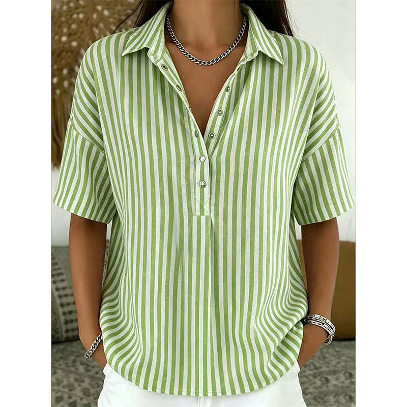 Women's Striped Short-Sleeve Shirt – Relaxed Fit, V Neck, 9 Colors 🍂