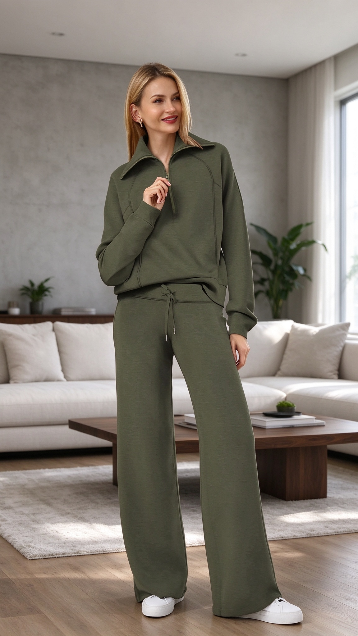 Women’s Soft Ribbed Two-Piece Lounge Set – Relaxed Long-Sleeve Top & Matching Pants