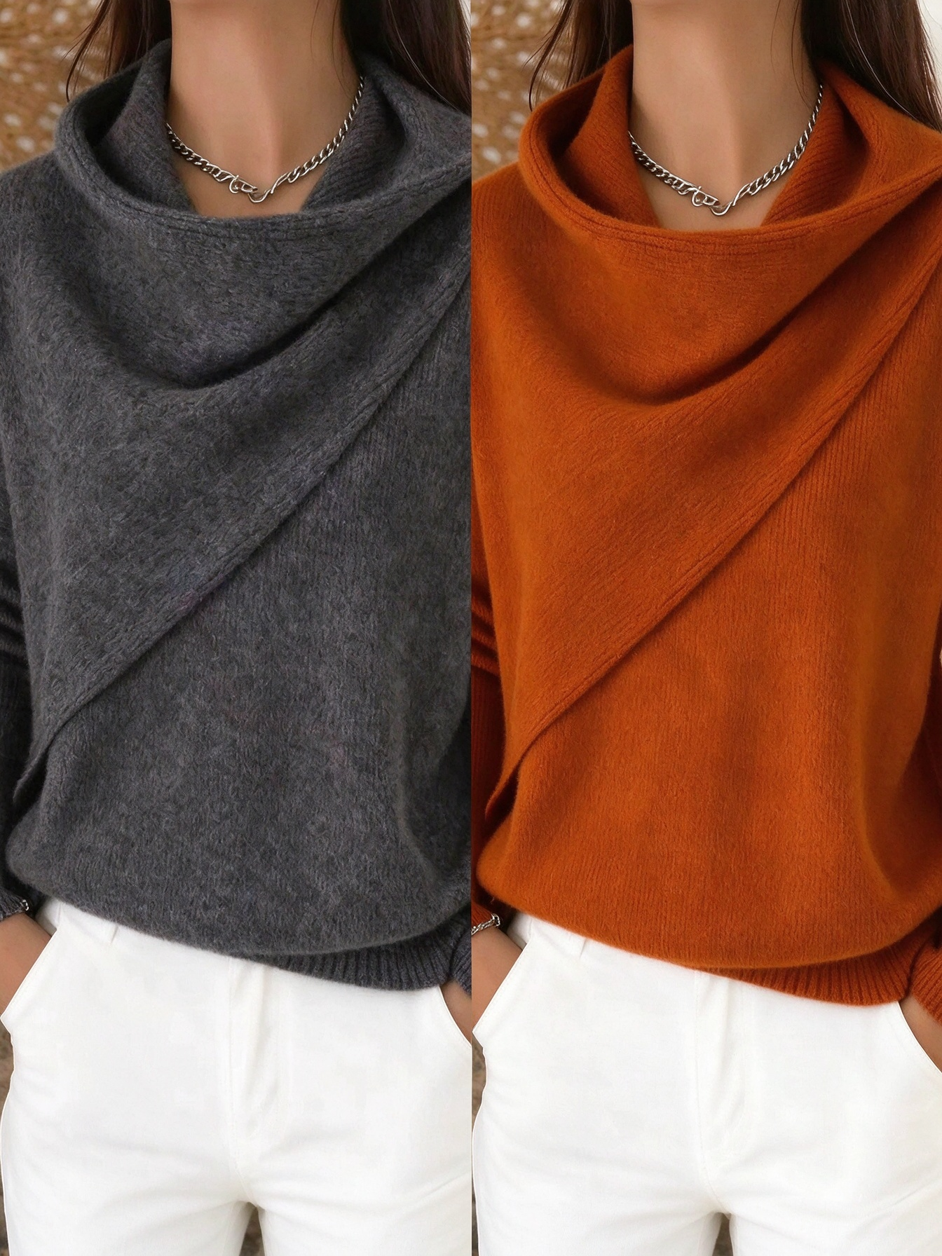Women Cross Wrap Draped Cowl Neck Knit Pullover, Loose Long Sleeve Sweater