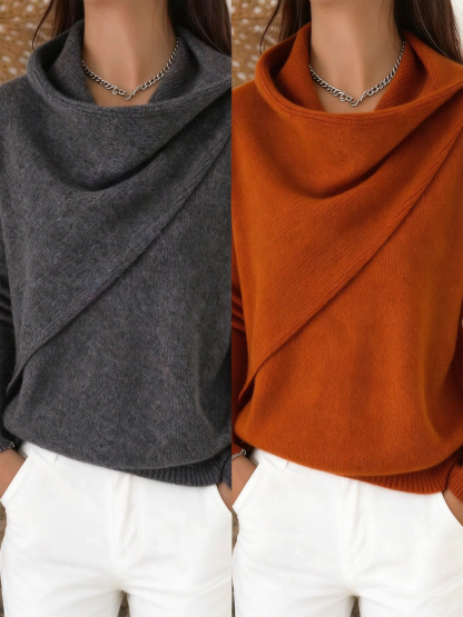 Women Cross Wrap Draped Cowl Neck Knit Pullover, Loose Long Sleeve Sweater