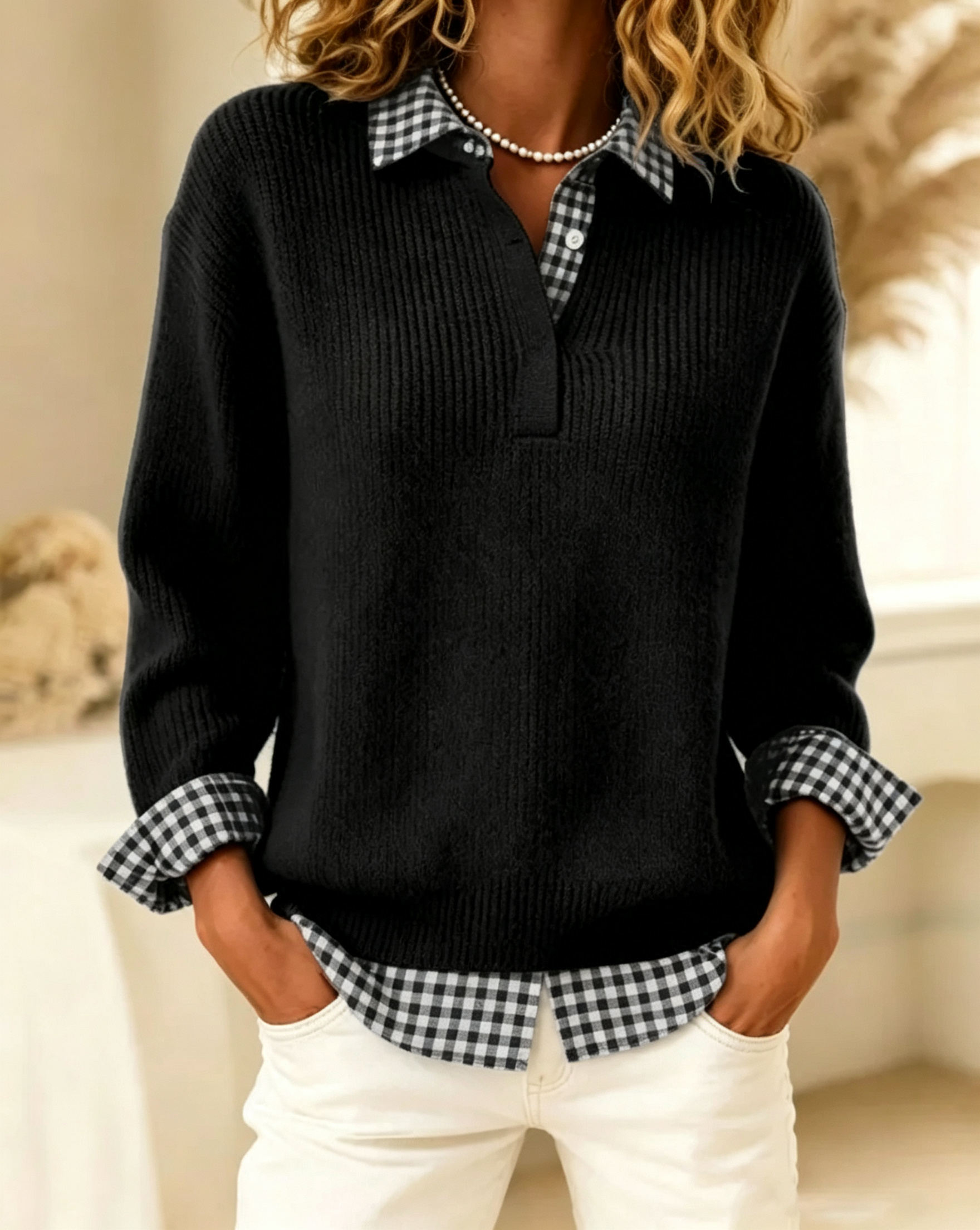 Solid Color Plaid Patchwork Jumper