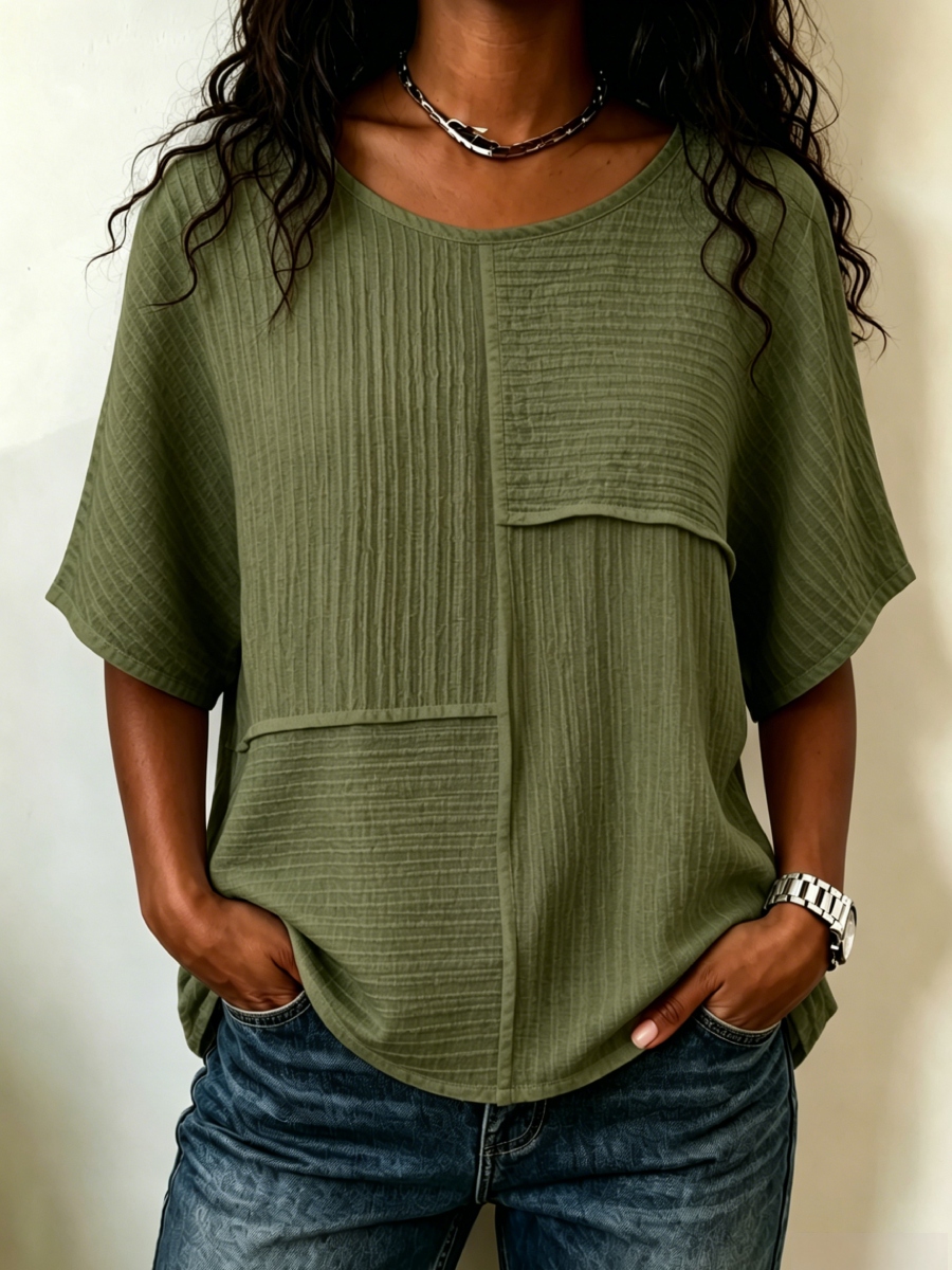 🔥CLEARANCE SALE🔥Women's Textured Patchwork Top with Round Neck and Short Sleeves