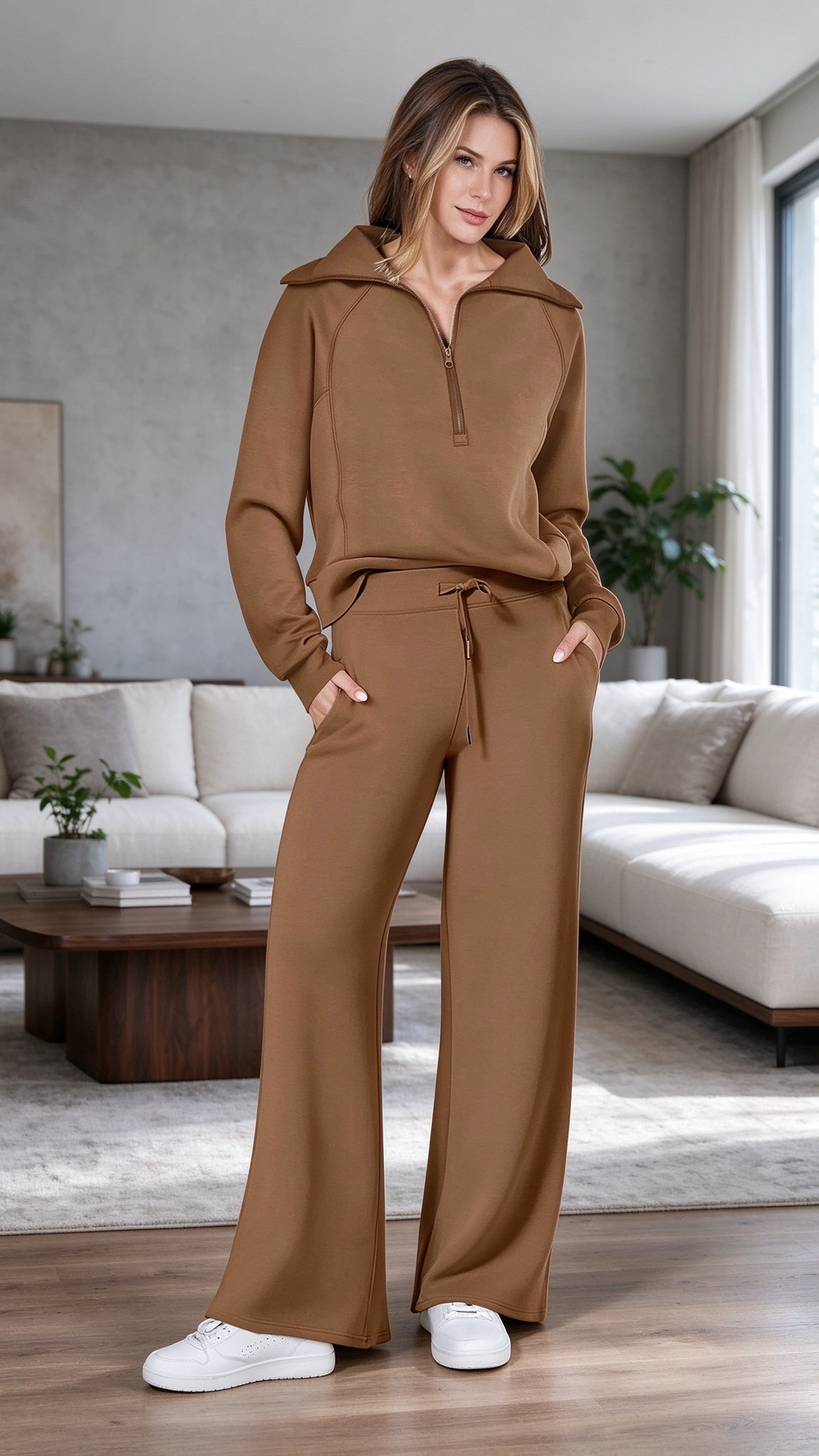 Women’s Soft Ribbed Two-Piece Lounge Set – Relaxed Long-Sleeve Top & Matching Pants