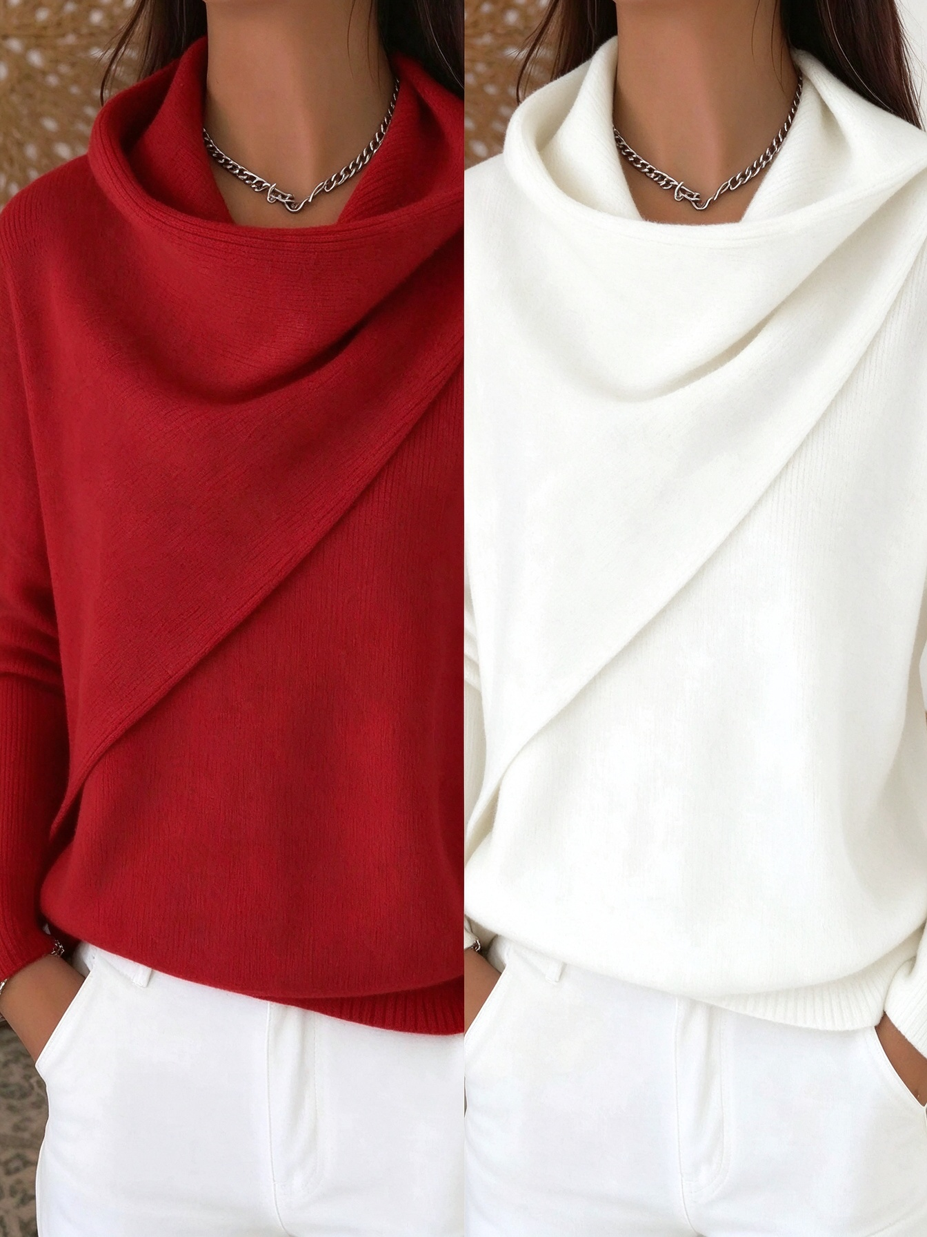 Women Cross Wrap Draped Cowl Neck Knit Pullover, Loose Long Sleeve Sweater