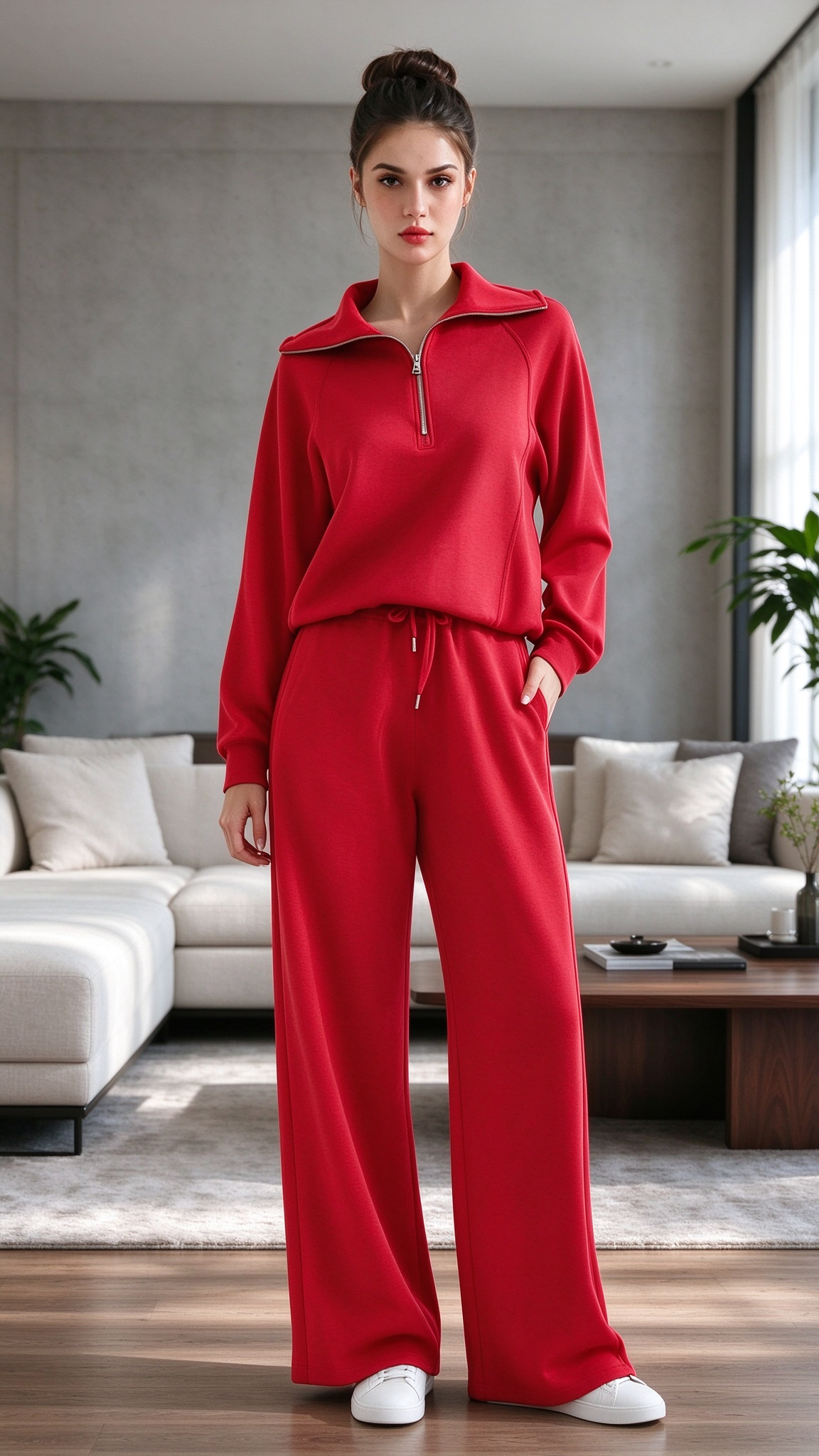 Women’s Soft Ribbed Two-Piece Lounge Set – Relaxed Long-Sleeve Top & Matching Pants