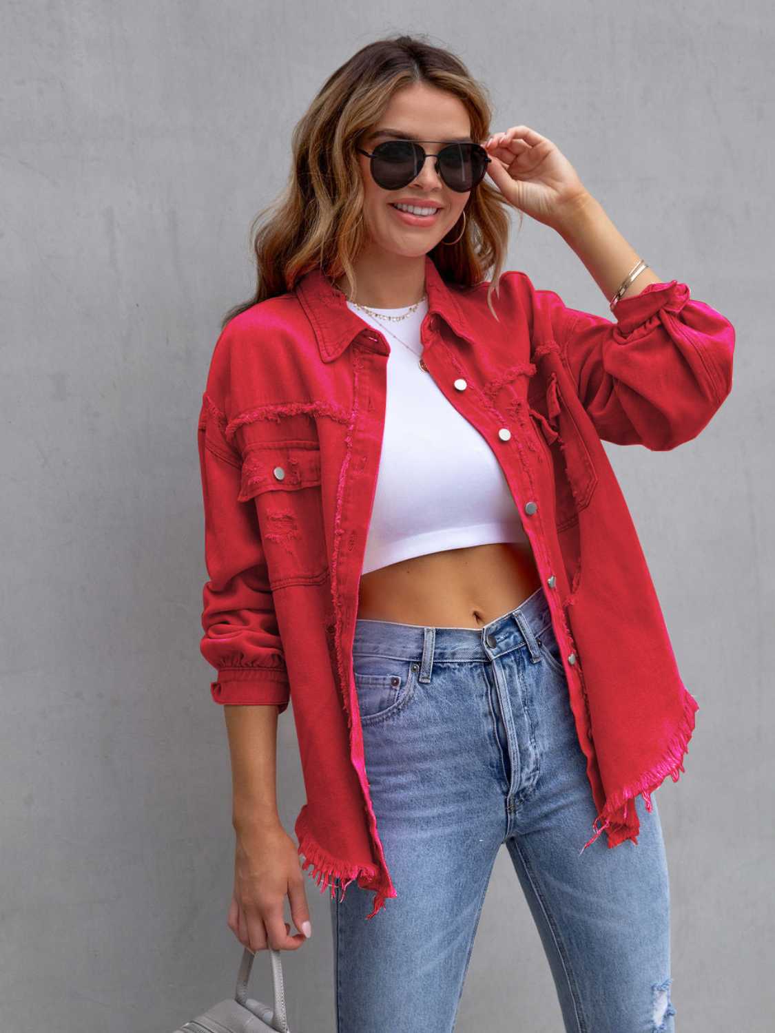 Distressed Drop Shoulder Denim Jacket Women – Oversized Casual Jean Jacket
