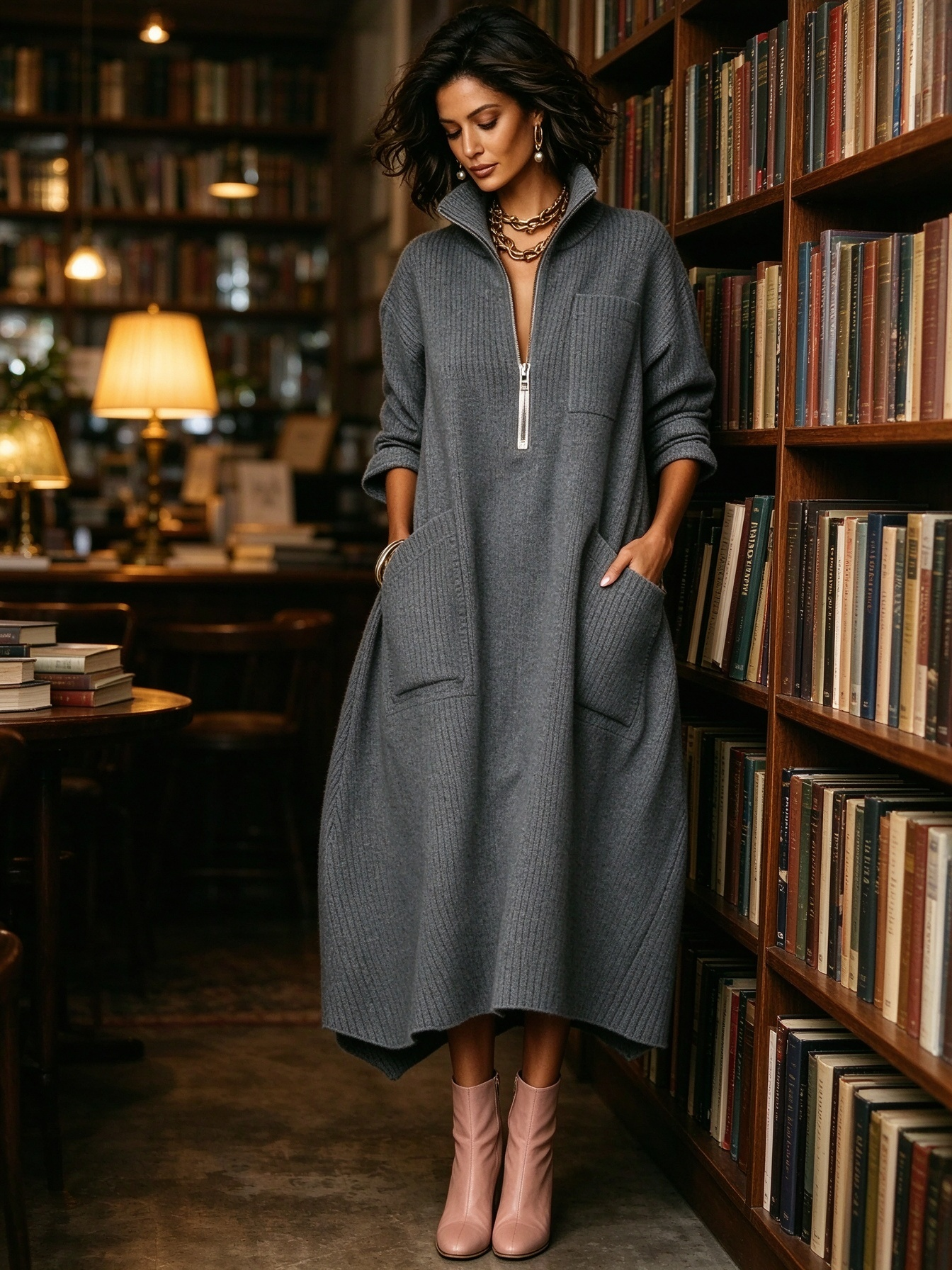 Women's Quarter-Zip Knit Maxi Dress with Pockets