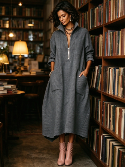 Women's Quarter-Zip Knit Maxi Dress with Pockets