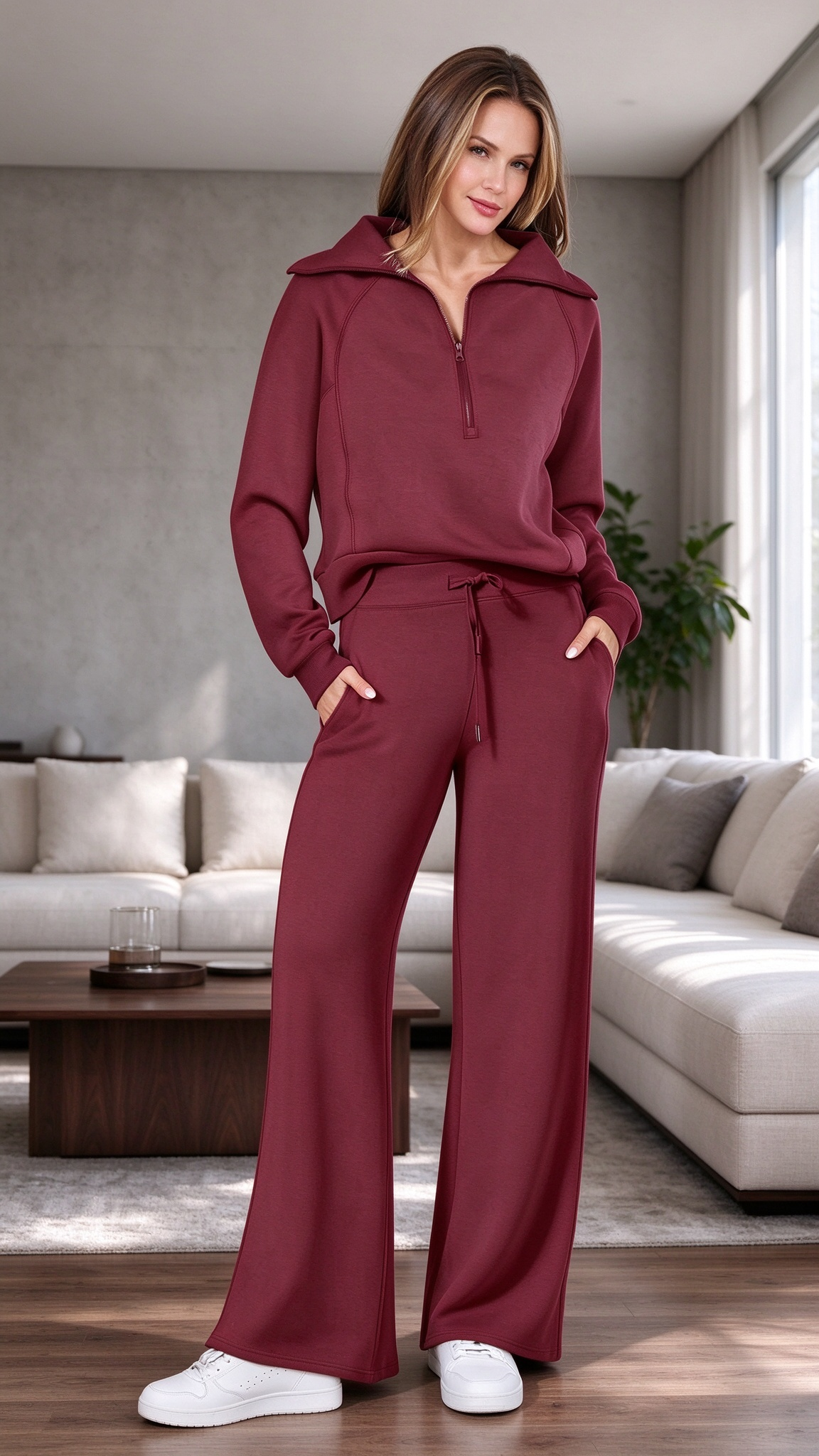 Women’s Soft Ribbed Two-Piece Lounge Set – Relaxed Long-Sleeve Top & Matching Pants