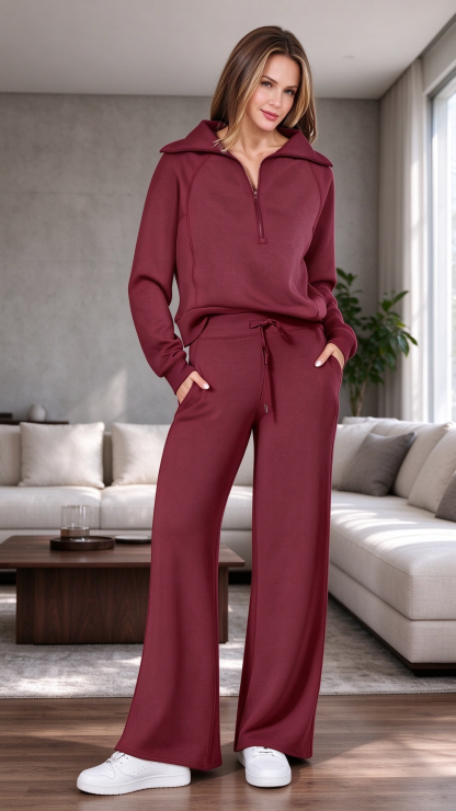 Women’s Soft Ribbed Two-Piece Lounge Set – Relaxed Long-Sleeve Top & Matching Pants