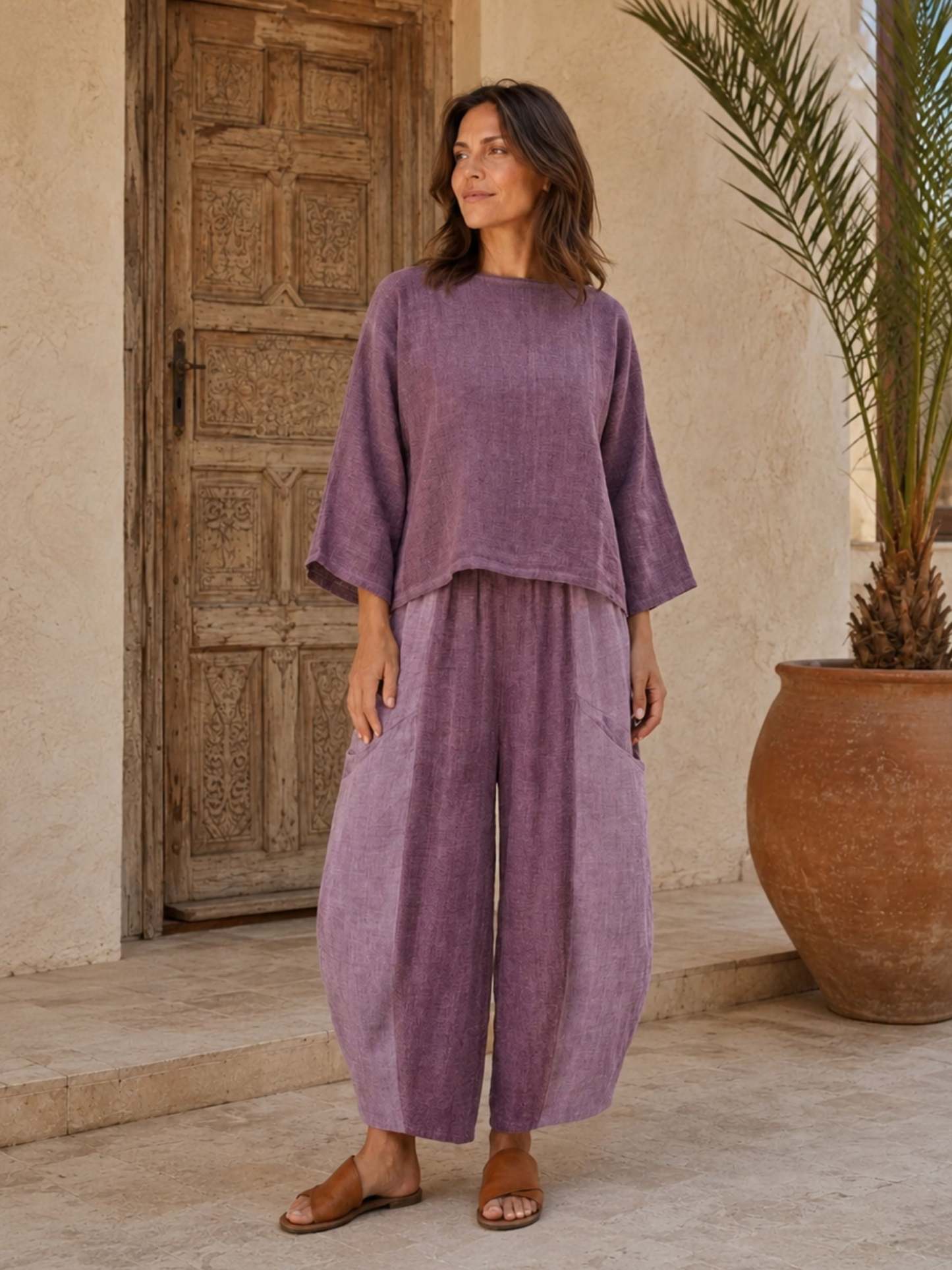 Women's Plum Linen Cotton 3/4 Sleeve Top & Balloon Wide Leg Pants Two Piece Set