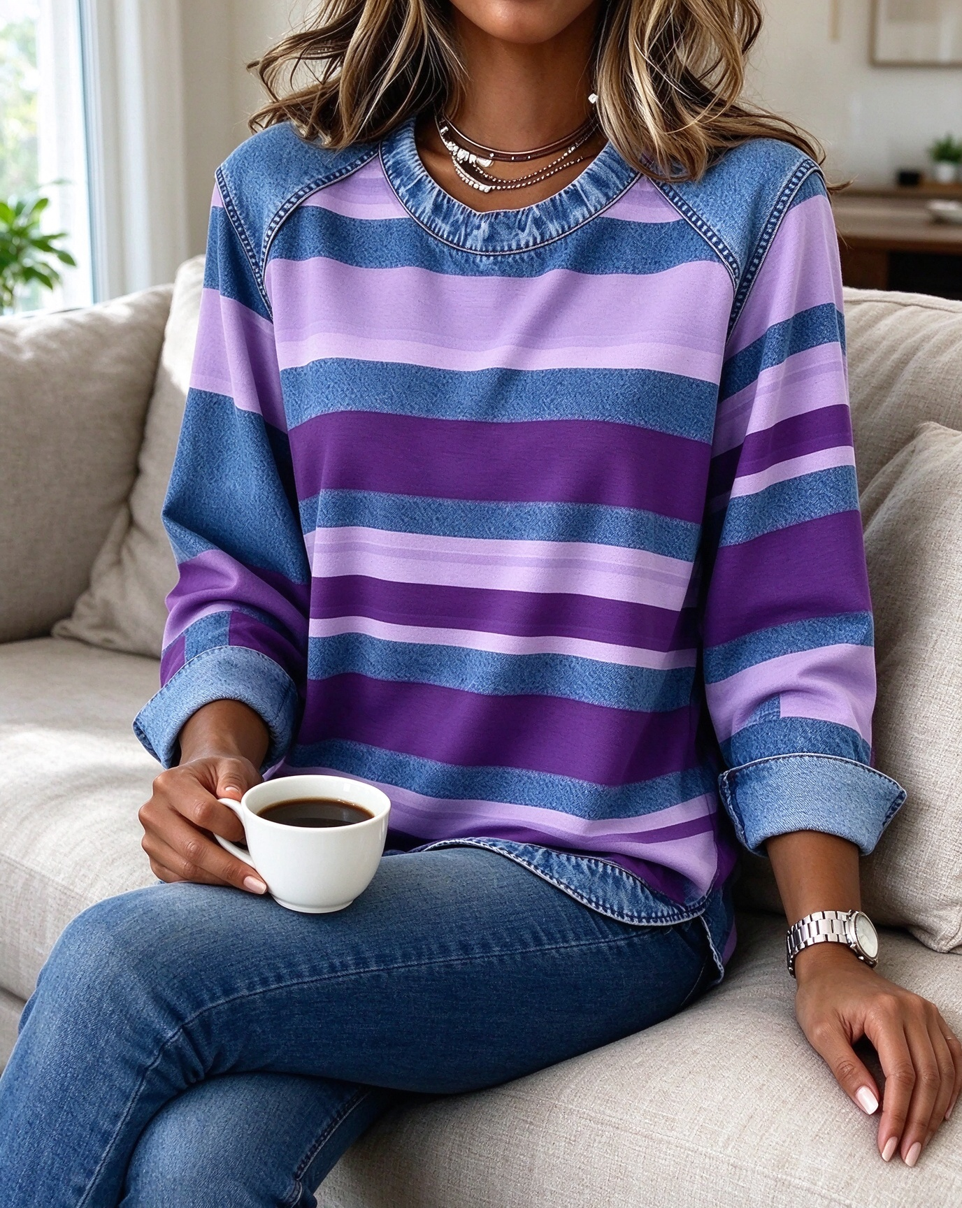 Women's Faux Denim Patchwork Striped Long Sleeve Crew Neck Sweatshirt