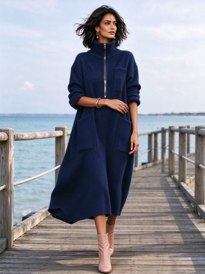 Women's Quarter-Zip Knit Maxi Dress with Pockets