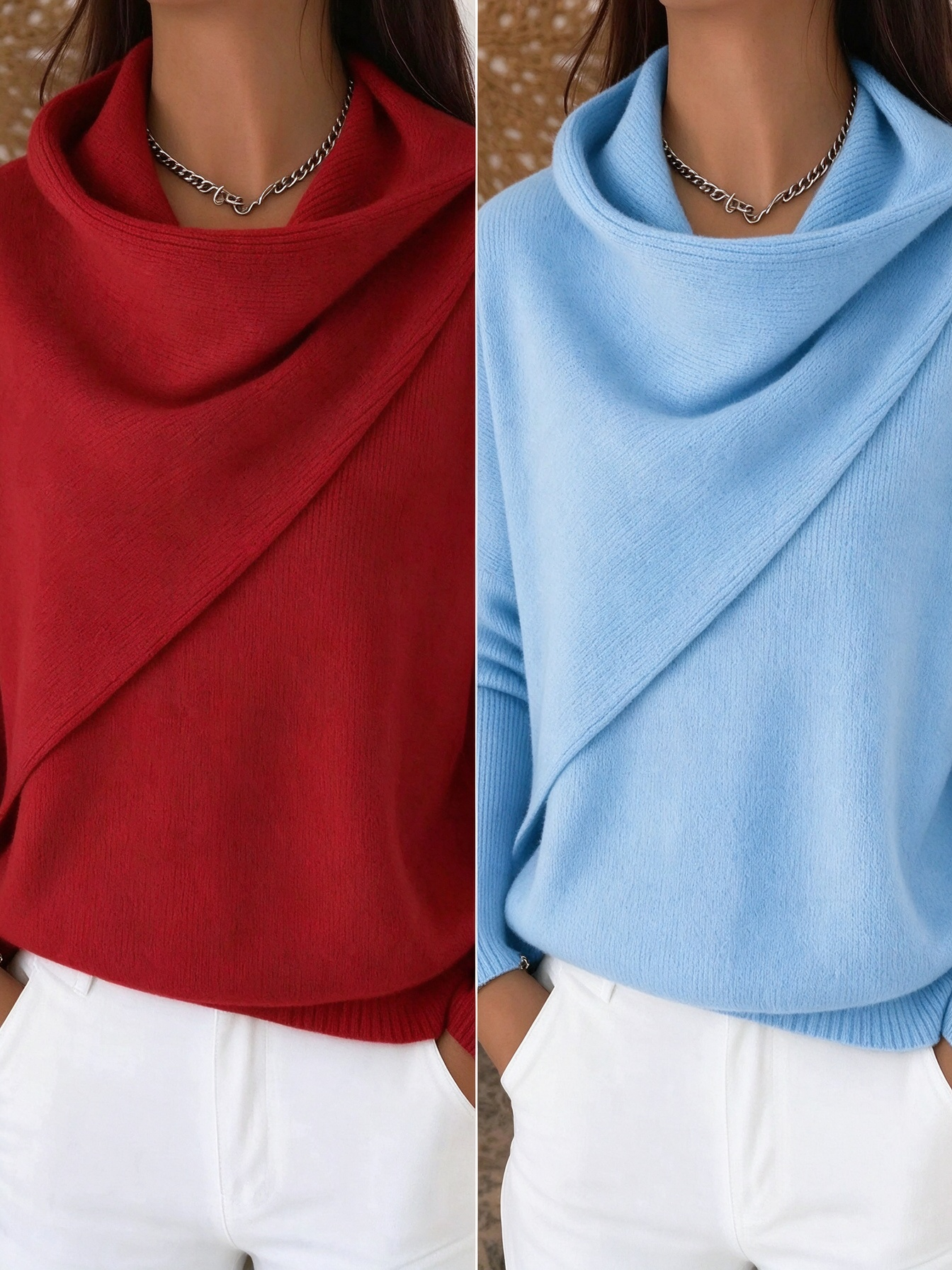 Women Cross Wrap Draped Cowl Neck Knit Pullover, Loose Long Sleeve Sweater