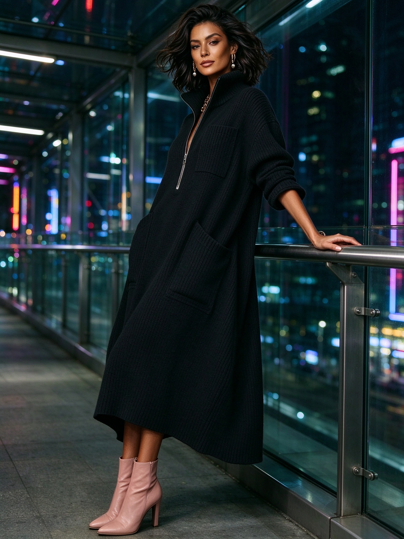 Women's Quarter-Zip Knit Maxi Dress with Pockets