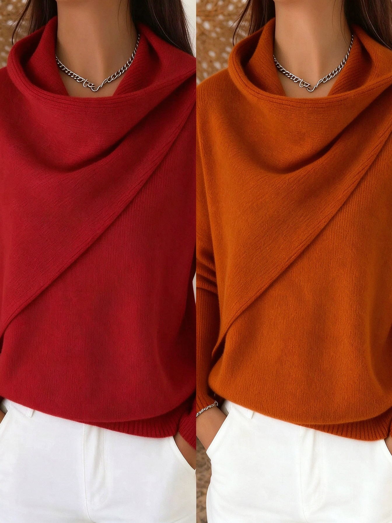 Women Cross Wrap Draped Cowl Neck Knit Pullover, Loose Long Sleeve Sweater