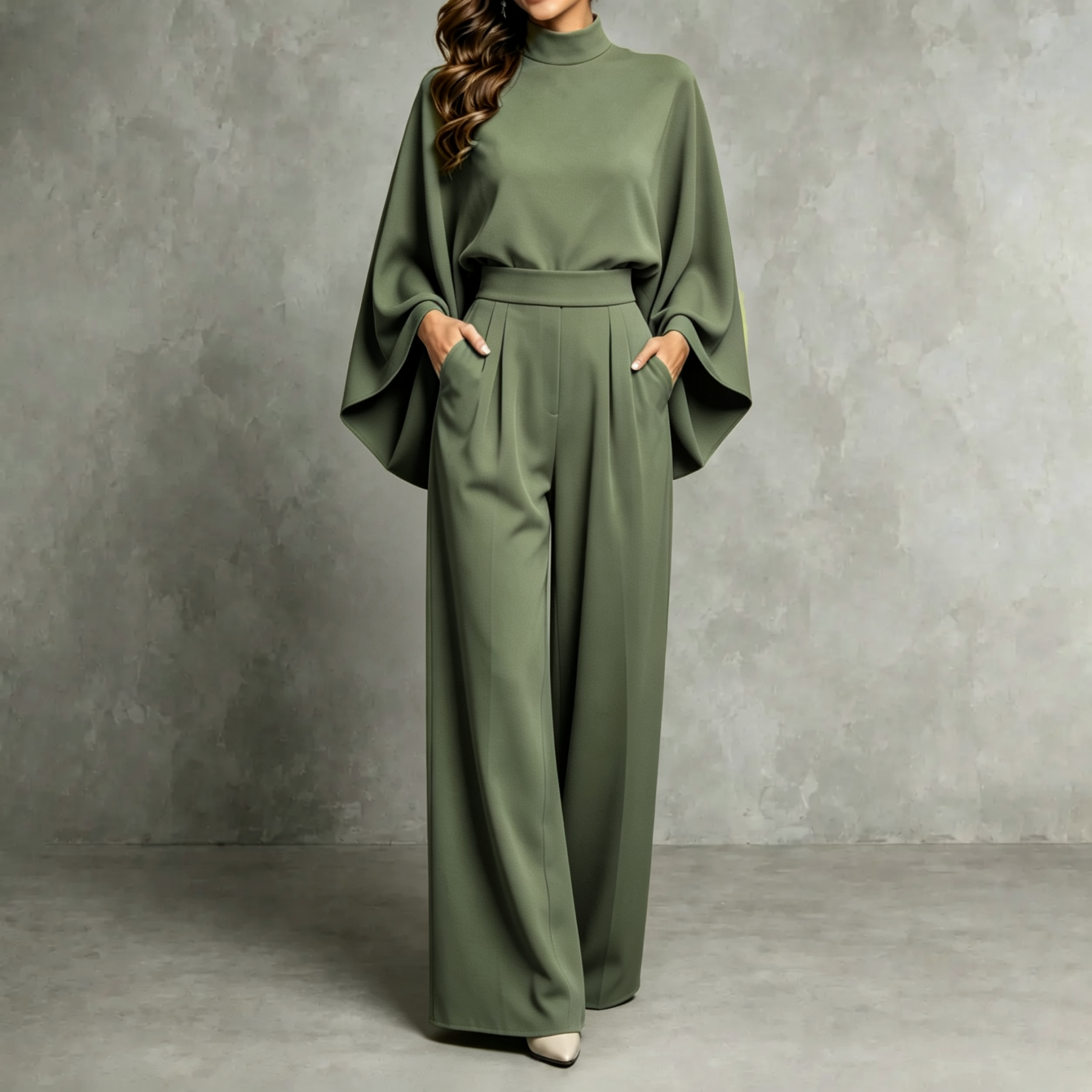 Mererid - Ensemble à Col Montant, Manches Cape & Pantalon Large Taille Haute