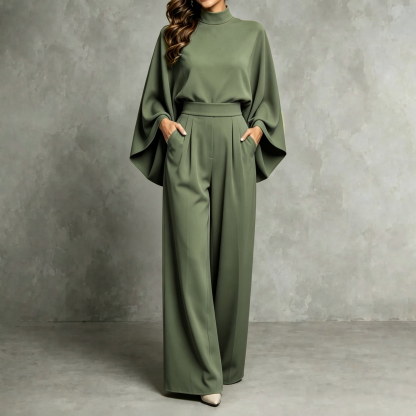 Mererid - Ensemble à Col Montant, Manches Cape & Pantalon Large Taille Haute