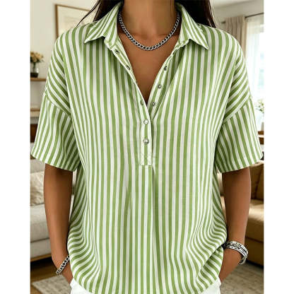 Women's Striped Short-Sleeve Shirt – Relaxed Fit, V Neck, 9 Colors 🍂