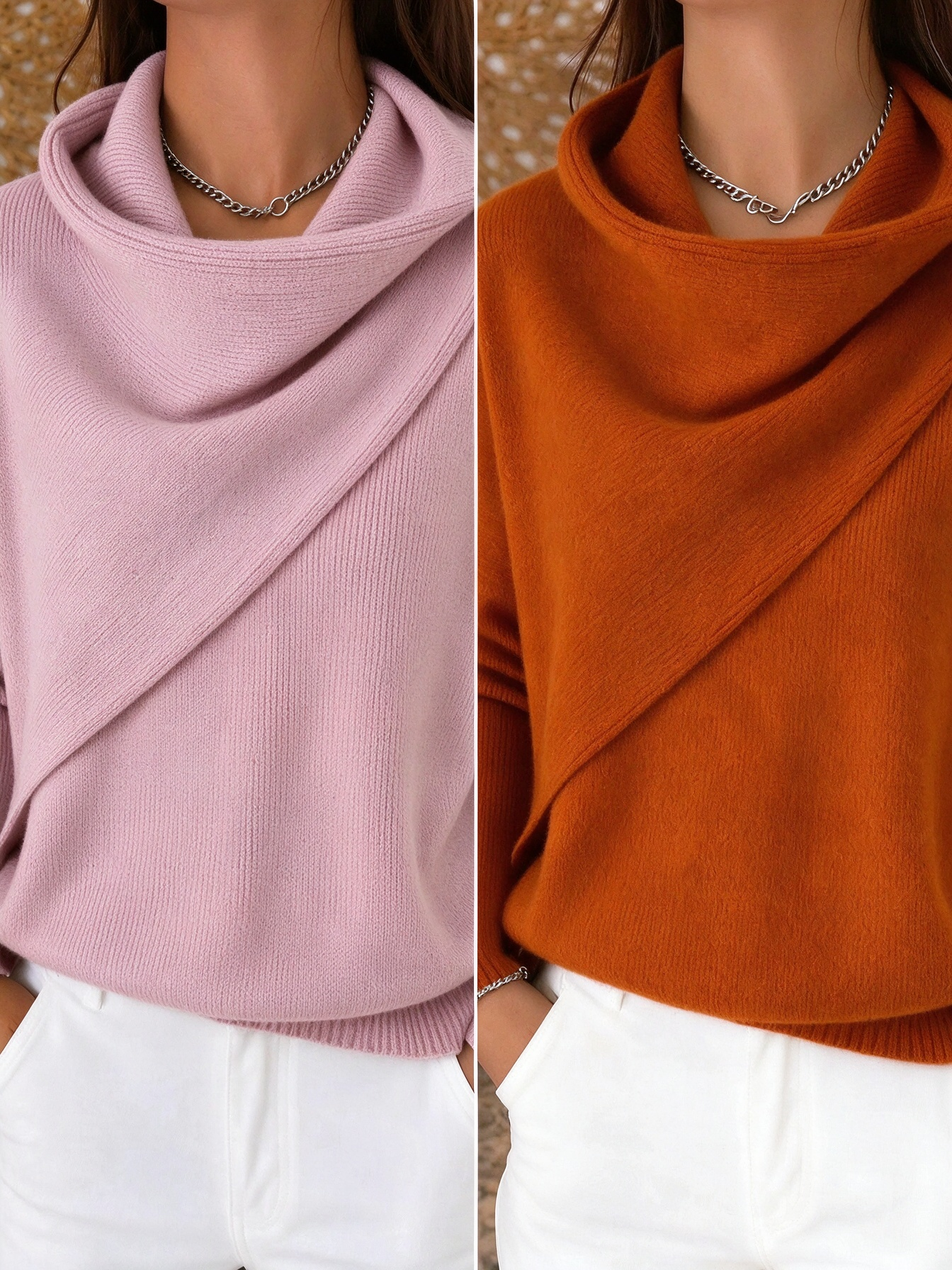 Women Cross Wrap Draped Cowl Neck Knit Pullover, Loose Long Sleeve Sweater