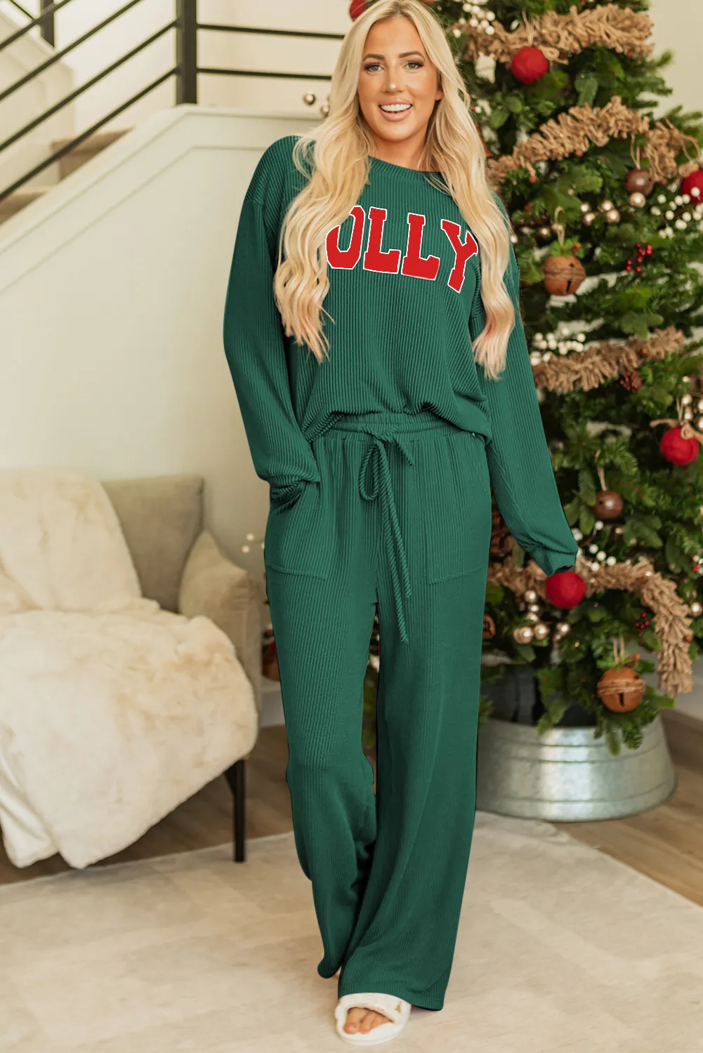 🎄2025 Cozy Christmas Homewear JOLLY Corded Long Sleeve Top and Pockets Pants Set