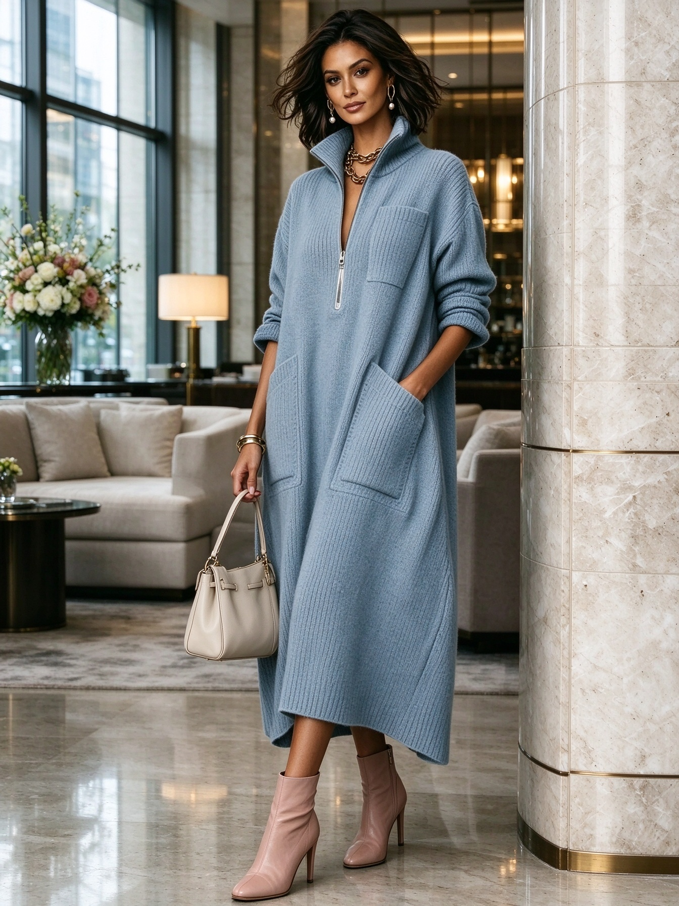 Women's Quarter-Zip Knit Maxi Dress with Pockets