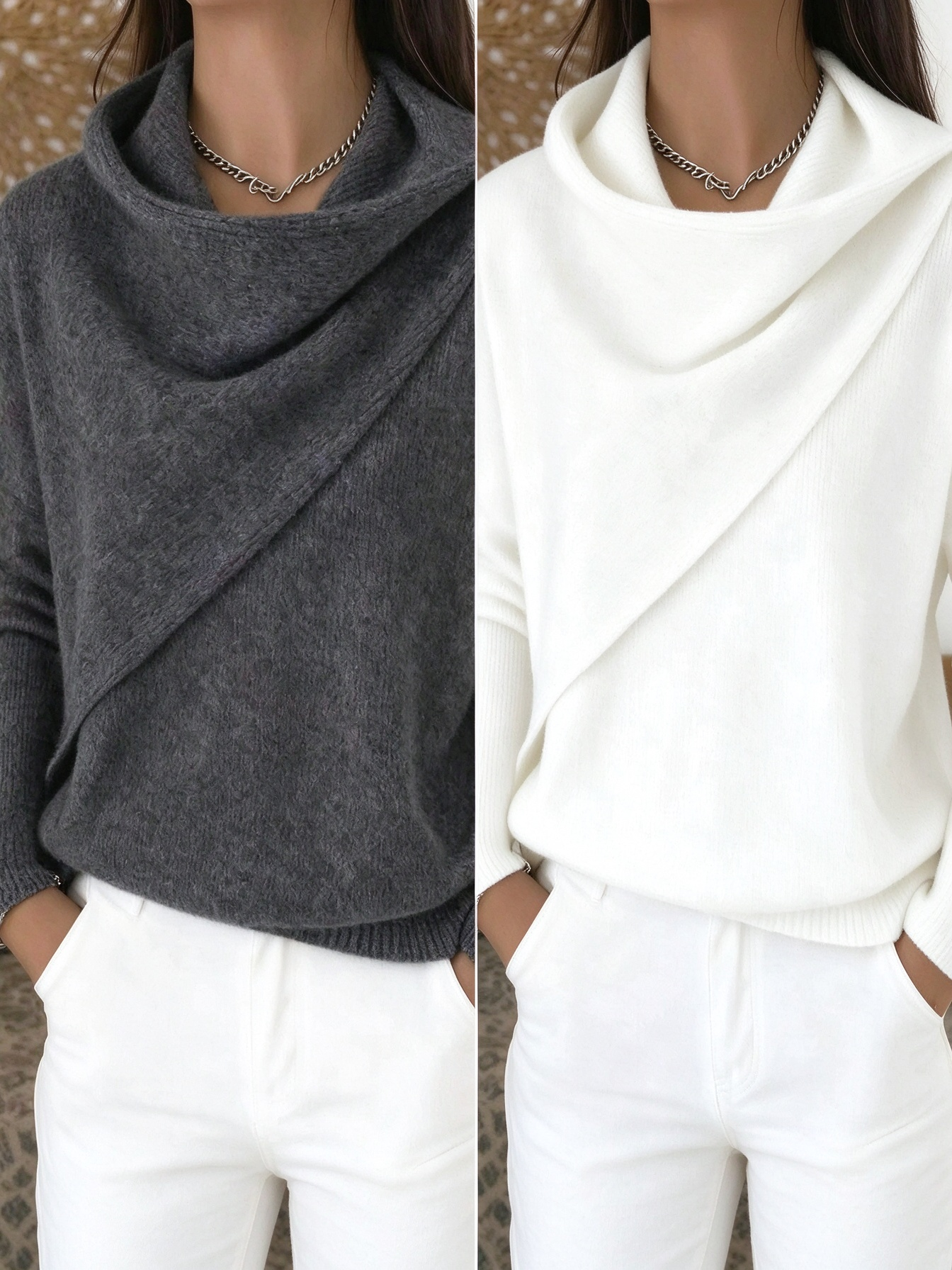 Women Cross Wrap Draped Cowl Neck Knit Pullover, Loose Long Sleeve Sweater
