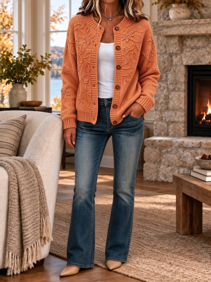 Women Floral Long Sleeve Crew Neck Casual Spring/Fall Cardigan Outerwear