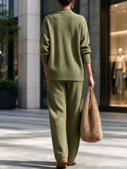 Women's Wrap V-Neck Knit Top & Wide Leg Pants Two Piece Loungewear Set