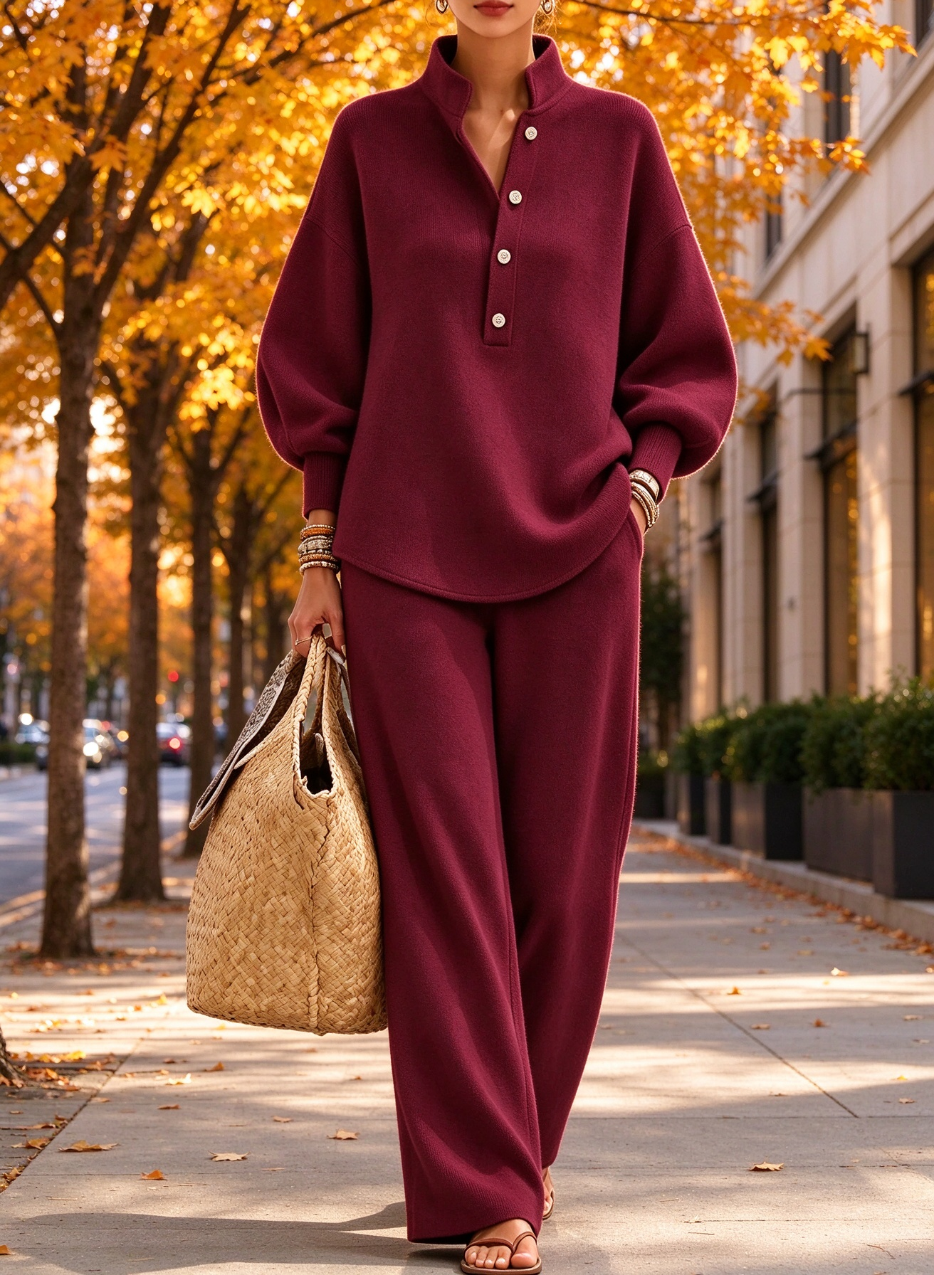 Women's Stand Collar Button Loose Sweatshirt Wide Leg Pants 2 Piece Casual Outfit Set