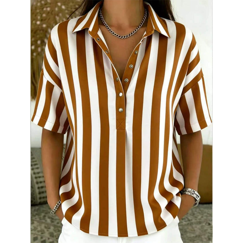 Women's Striped Short-Sleeve Shirt – Relaxed Fit, V Neck, 9 Colors 🍂