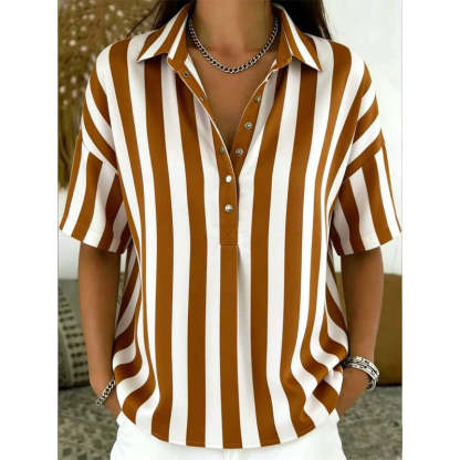 Women's Striped Short-Sleeve Shirt – Relaxed Fit, V Neck, 9 Colors 🍂