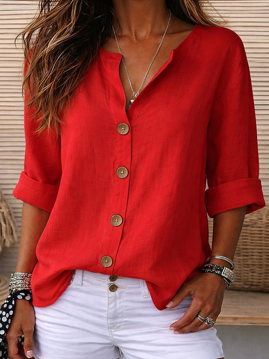 Women's Linen Button V-Neck Blouse Casual 3/4 Sleeve Top for Spring, Summer & Fall